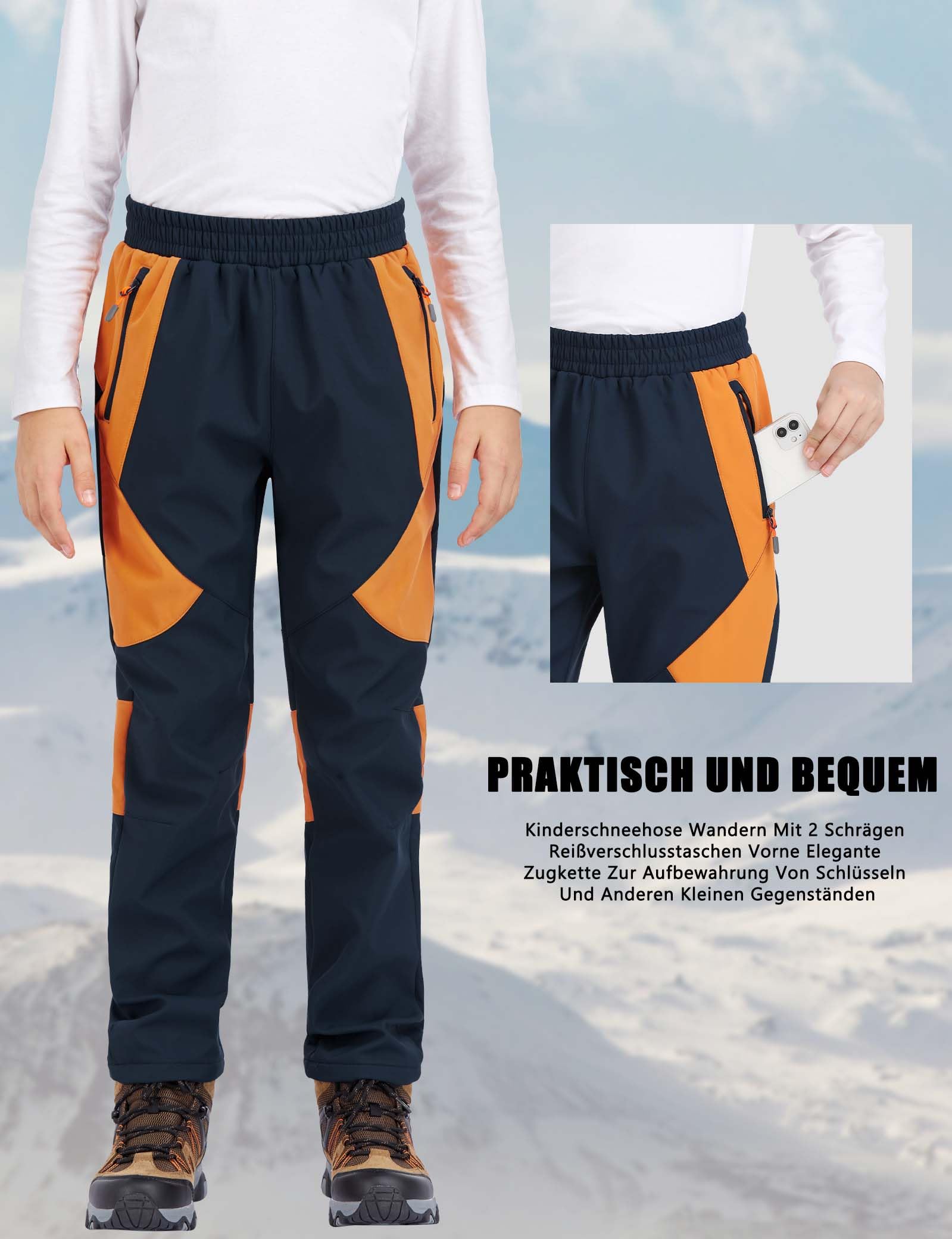 Pantaloni Impermeabili della Neve del Ragazzo Pantaloni Neve Elastici Vita Calda Pantaloni Isolati-Navy Blue+Orange-134-140