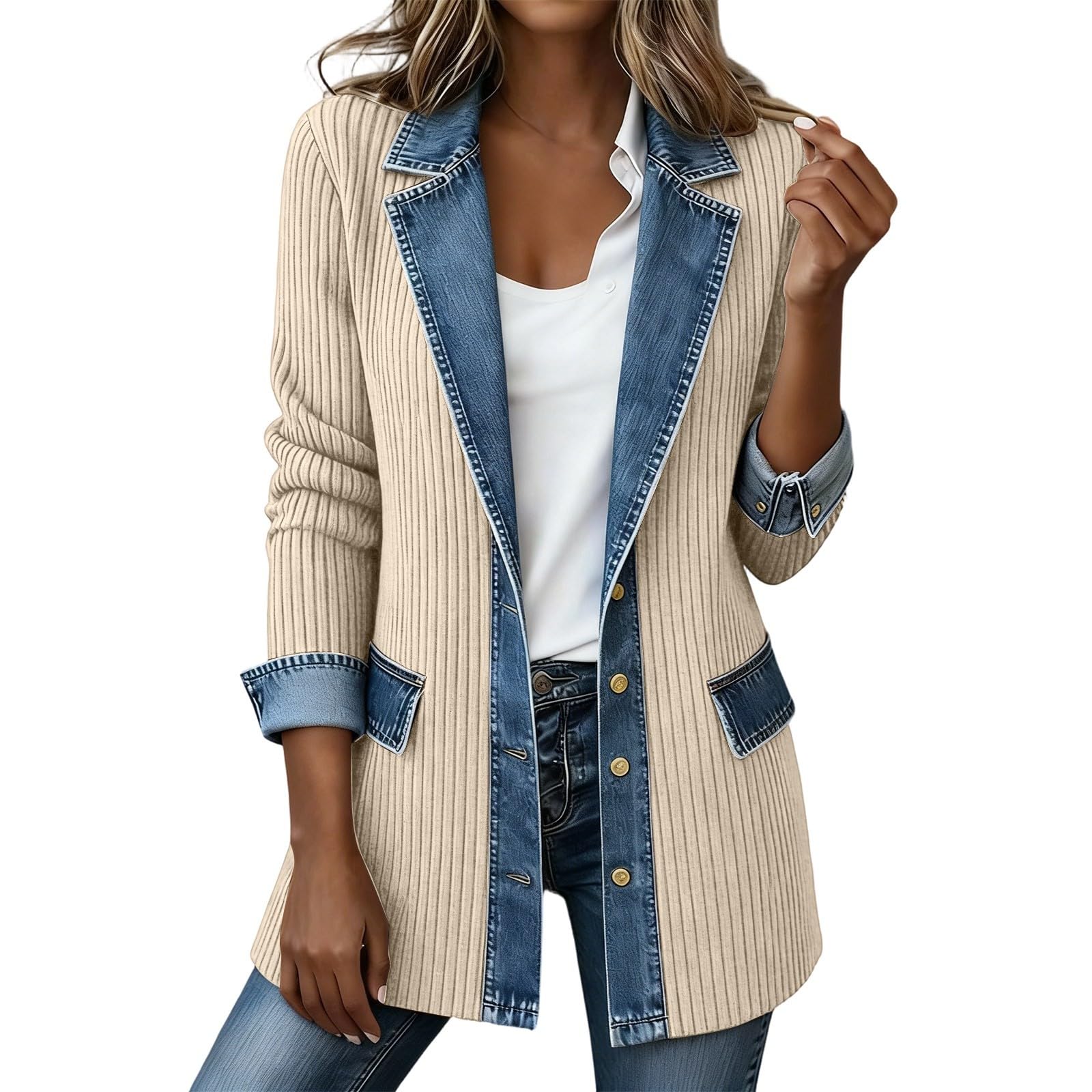 Générique Veste Femme en Tricoté Veste Col Tailleur et Détails en Jean Style Décontracté et Chic Coupe Longue et Large Bloc de Couleurs Tricoté Épaisse Vêtement D'extérieur Manteau de Loisir