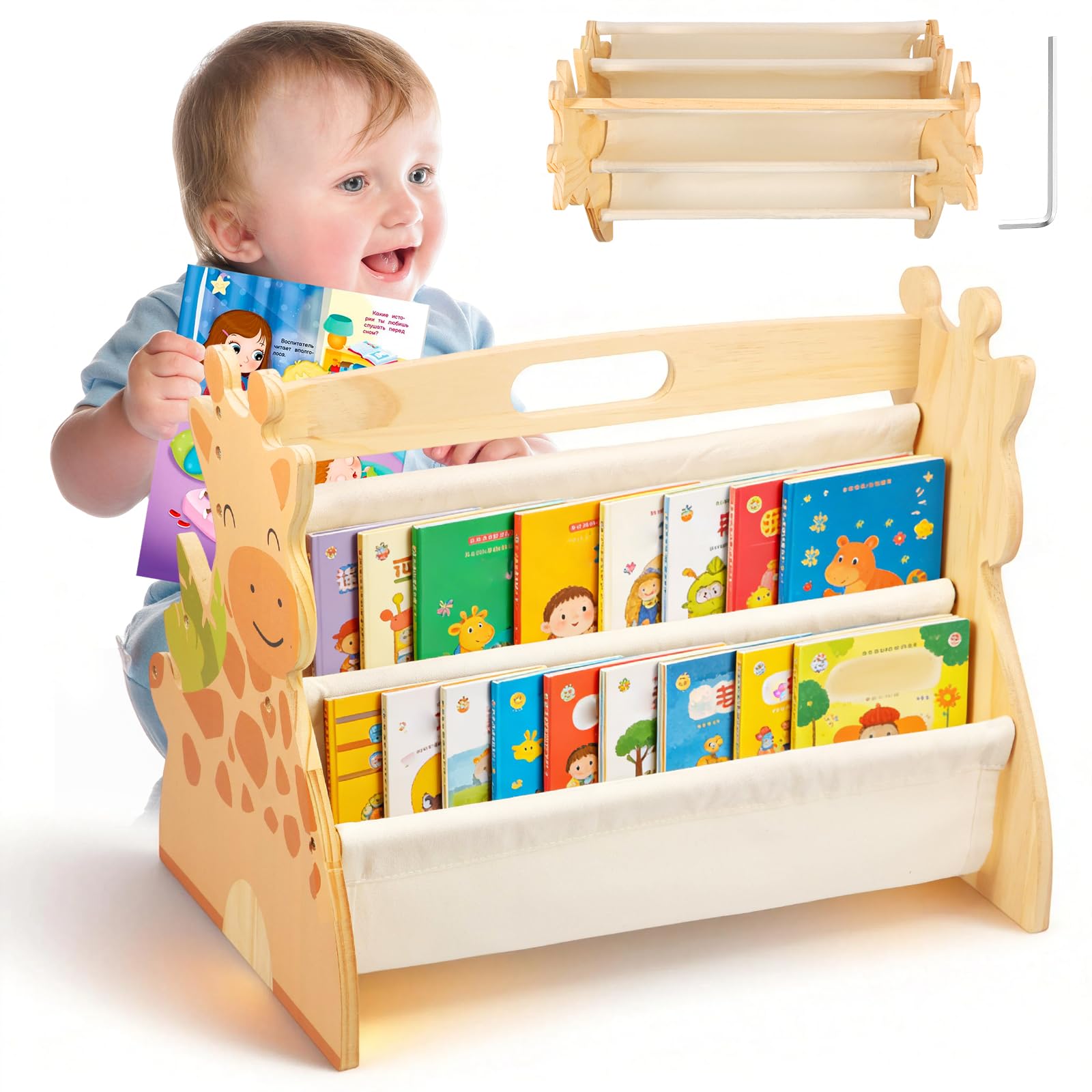 Bibliothèque Montessori Bois pour Enfant 43x34x28,3cm Bibliothèque Enfant Double Face Quatre Couches avec Poignée Rangement Livre Enfant 3-8 Ans Aménagement Open Bords Arrondis pour Chambres écoles