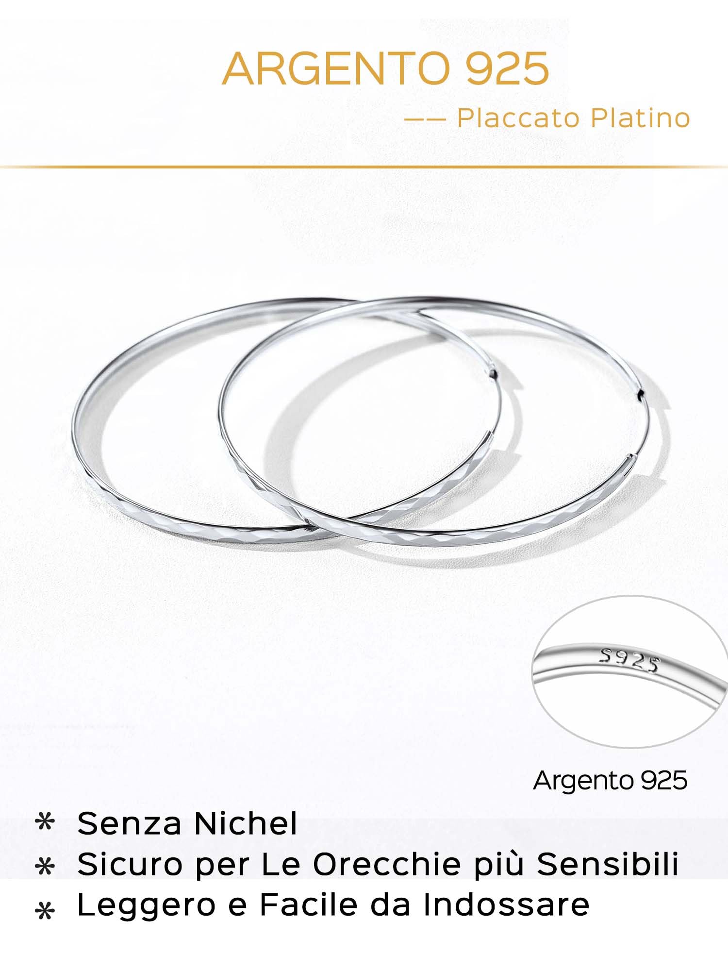 ChicSilver Orecchini Donna Argento 925 in Oro Bianco, 3mm Orecchini Cerchio Argento/Oro con Misura 30mm/50mm/70mm, Orecchino Grande Anallergico Donna Ragazza, Idee Regalo
