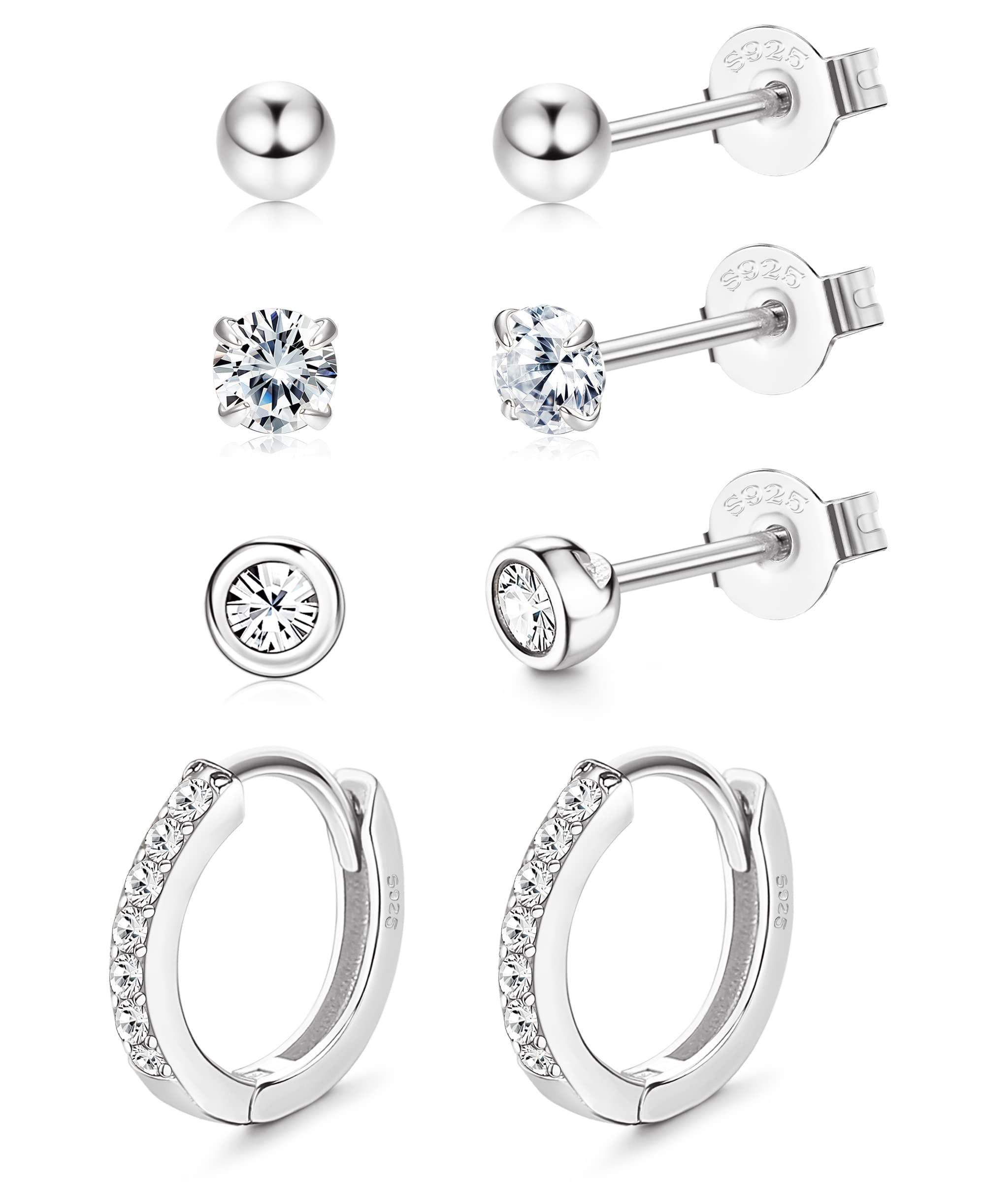 CASSIECA 4 Pares Pendientes Plata de Ley 925 para Mujer Niñas aros circoniña pendientes pequeño pendientes Cartílago Pendientes Hipoalergénicos Piercing Oreja Joyería