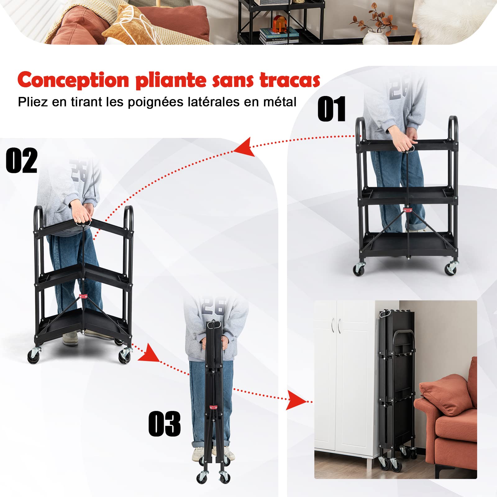 COSTWAY Chariot Servante d'Atelier à 3 Niveaux Pliant avec Roues Universelles, Chariot à Outils 4 Rainures et Mains Courantes Charge 45KG, 61 x 44 x 96 cm Noir
