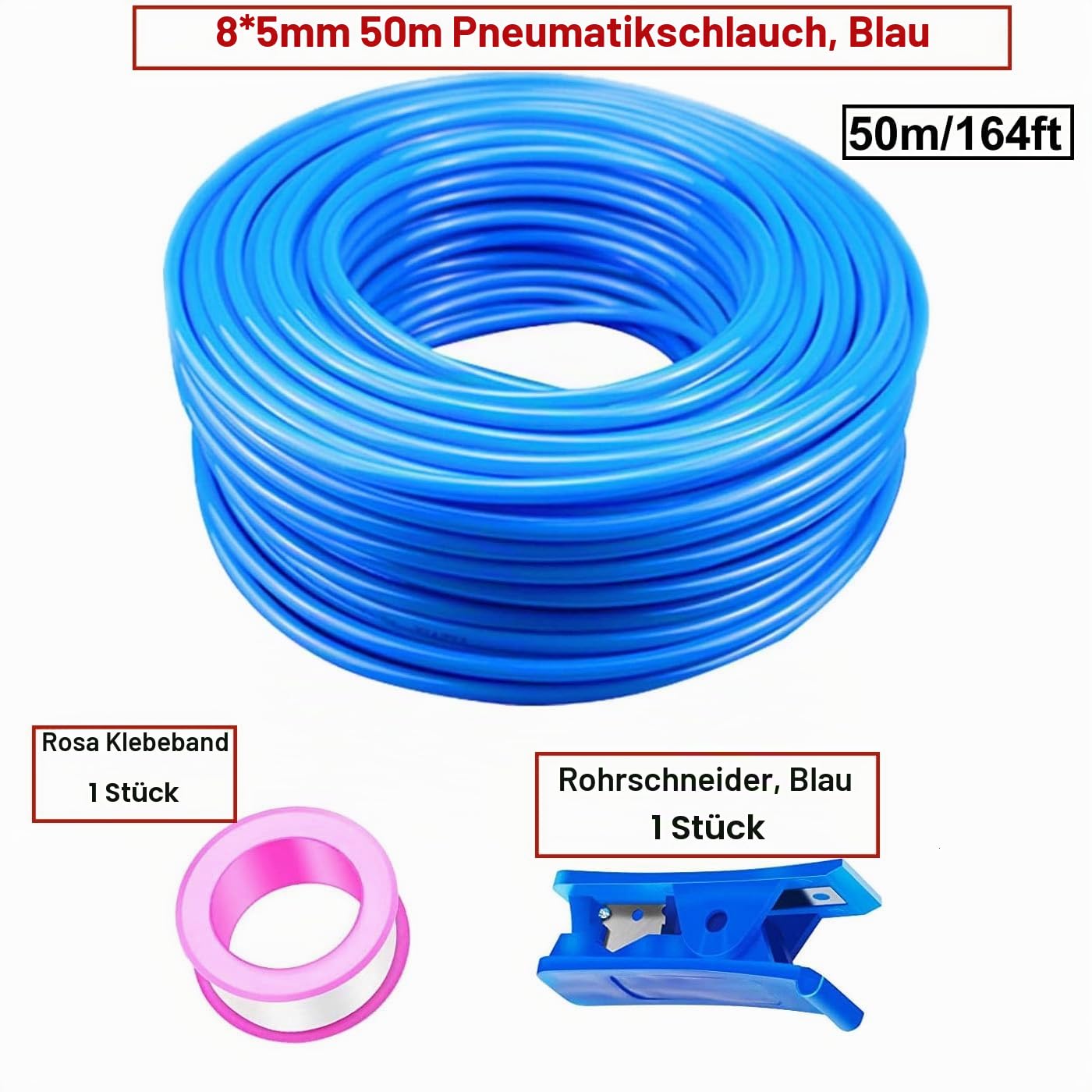 HUAZIZ 50 m Blau PU Pneumatikschlauch, Pneumatic Polyurethane Schlauch, Flexibel Druckluftschlauch, Außen 8 mm x Innen 5 mm + 1 Stück Blau Schlauchcutter +1Stück Rosa Teflonband