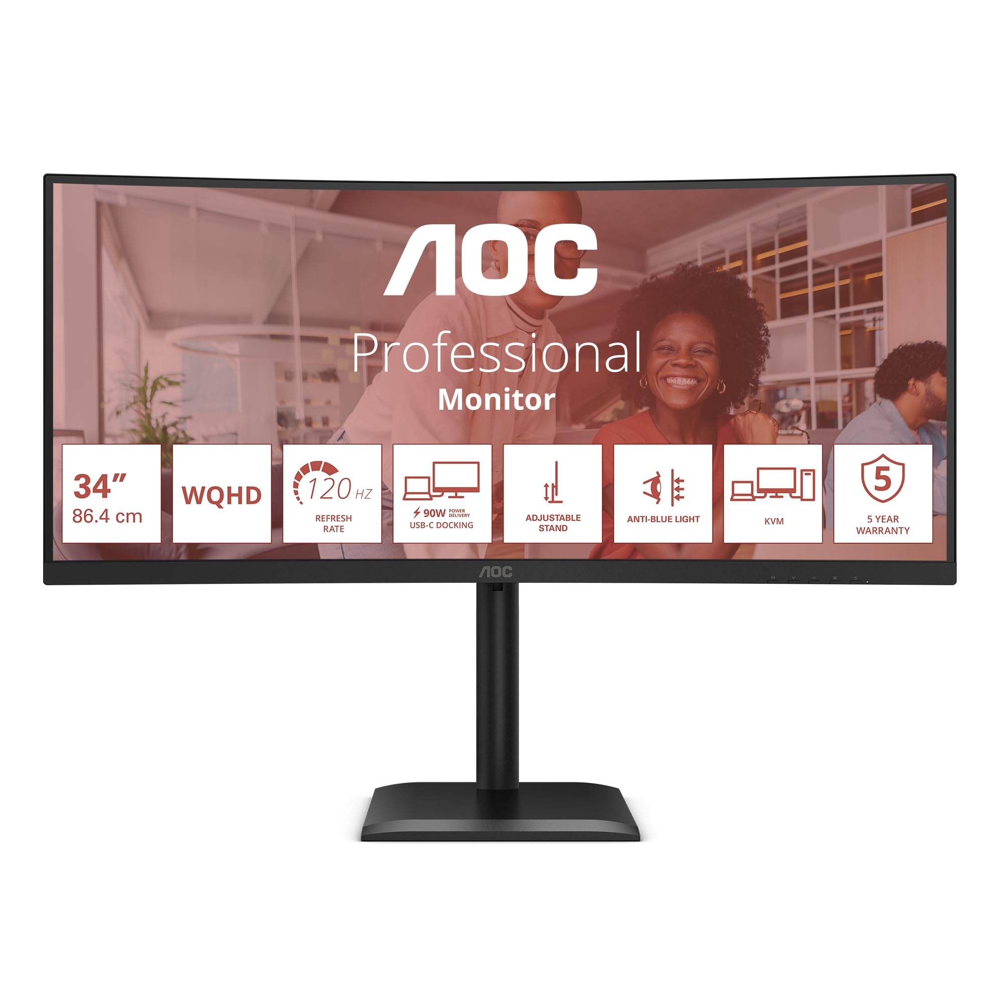 AOC CU34E4CV da 34 pollici WQHD Monitor, 120 Hz, VA, MPRT 4 ms, sincronizzazione adattiva, HDR Ready/HDR10, regolazione dell'altezza, altoparlante, (3440 x 1440, HDMI 2x 2.0, DP 1x 1.4 Hub USB) Nero