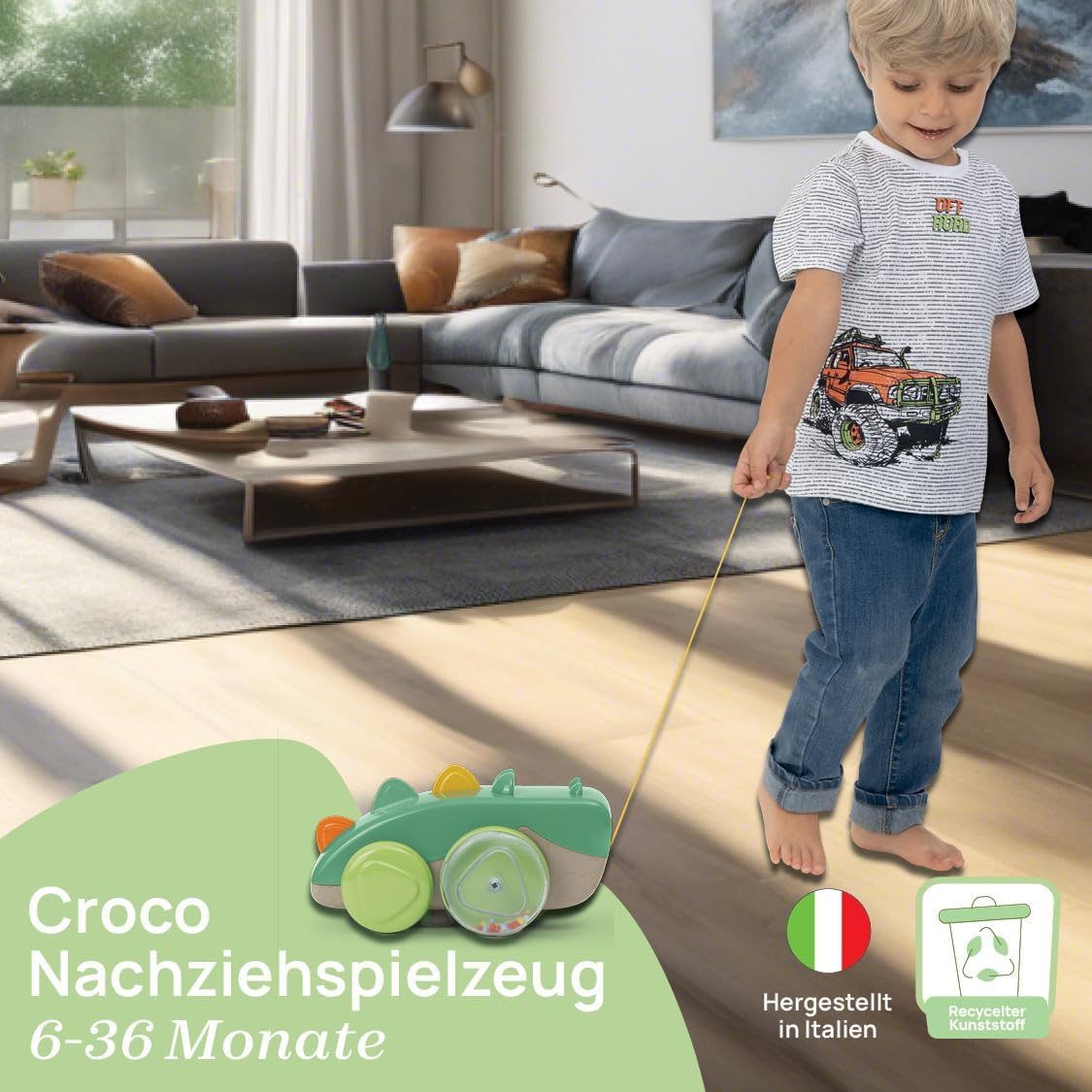 Chicco, Crocodile Pull Along Eco+, Pull Along Toy, 50 cm Long Rope, Wheels with Balls, Tumbling Movement, Recycled Plastic, Made in Italy, Children's Toy from 12-36 Months