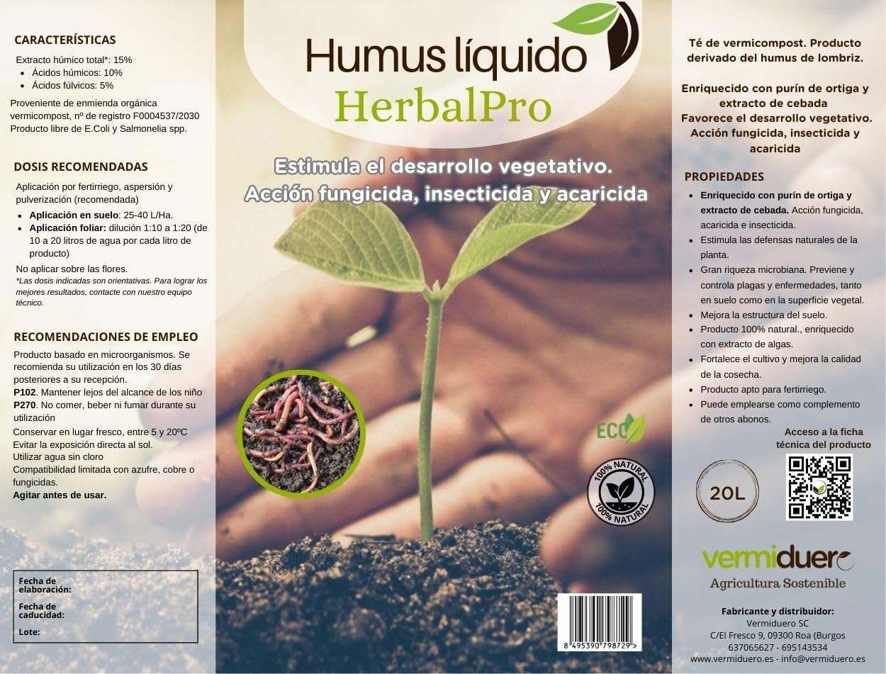 Humus de lombriz líquido HerbalPro. Garrafa 20L. Enriquecido con extractos naturales.