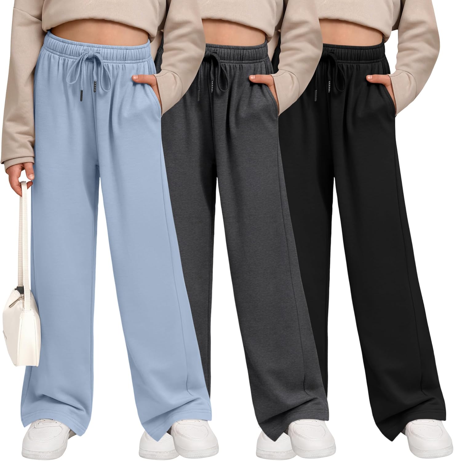 3 Pack Girls' Sweatpants Wide Leg Drawstring Casual Kids Joggers Open Bottom Loose Solid Teen Pants with Pockets