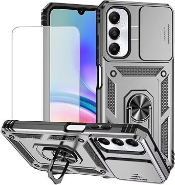 for Galaxy A05S Case, Samsung A05S SM-A057F Case with Tempered Glass Screen Protector and Slide Camera Cover, Magnetic Ring Car Mount Holder Protective Cover for Samsung Galaxy A05S Silver
