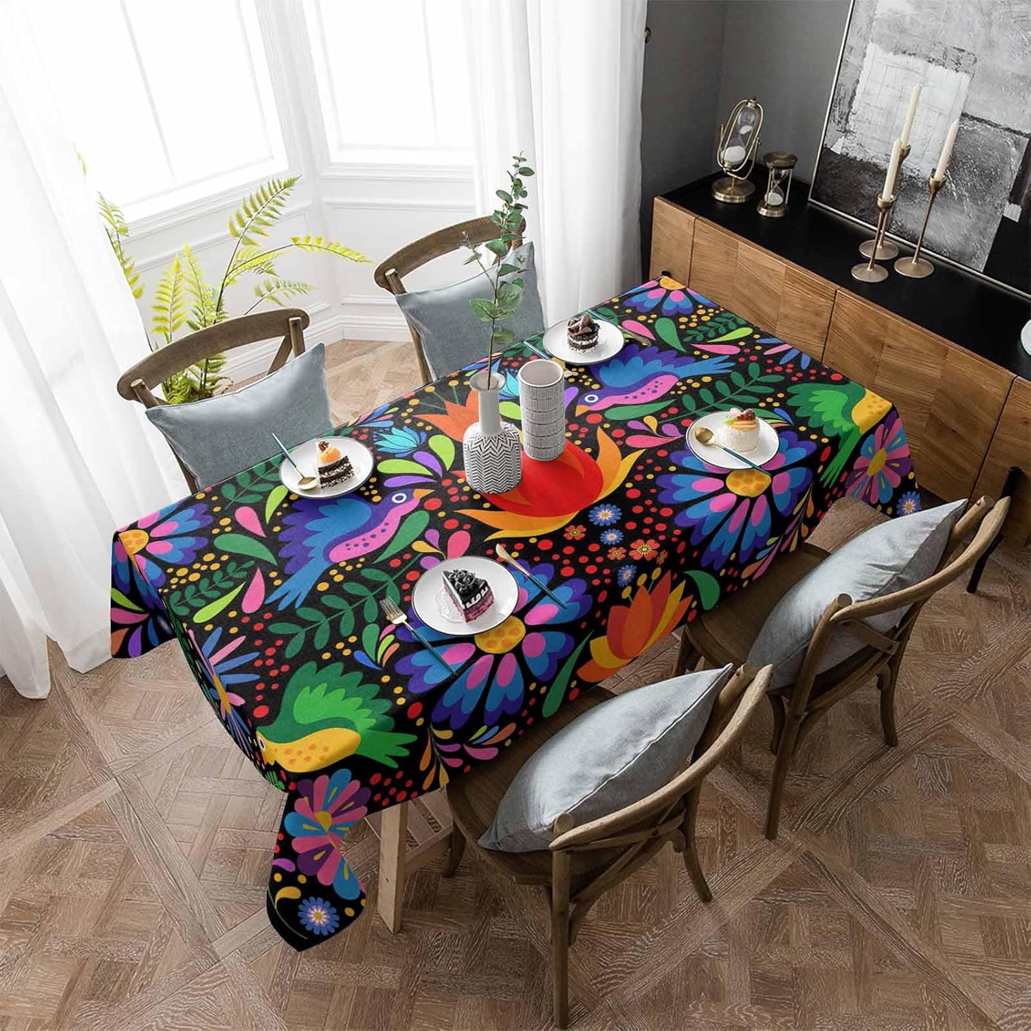 Colorful Mexican Rectangle Tablecloth 60x84inch Oil-Proof Spill-Proof Washable Polyester Fabric Table Cloth for Wedding Party Dining Banquet Restaurant Decor, Geometric Abstract Floral Texture