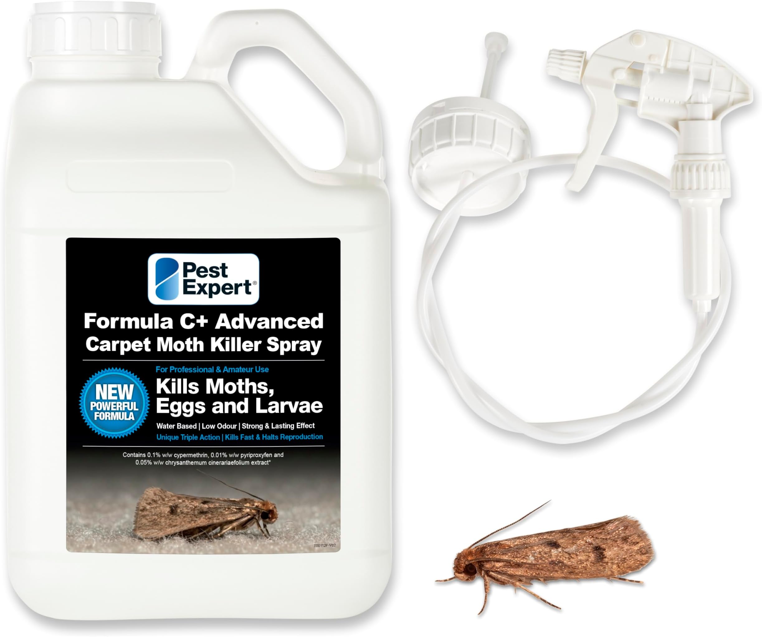 Carpet Moth Killer Spray 5Ltr Formula 'C+' Moth Killer - Fast-Acting & Long-Lasting Control, Professional Strength Approved for Amateur Use - with Trigger Hose Sprayer