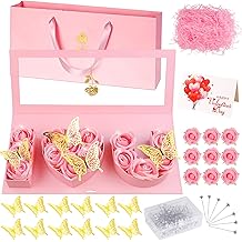 QAUYETM 76Pcs 我爱你盒组 情人节可填充 I Heart U字母造型鲜花礼盒 人造花蝴蝶装饰 情人节母亲节 周年诞辰（粉色）