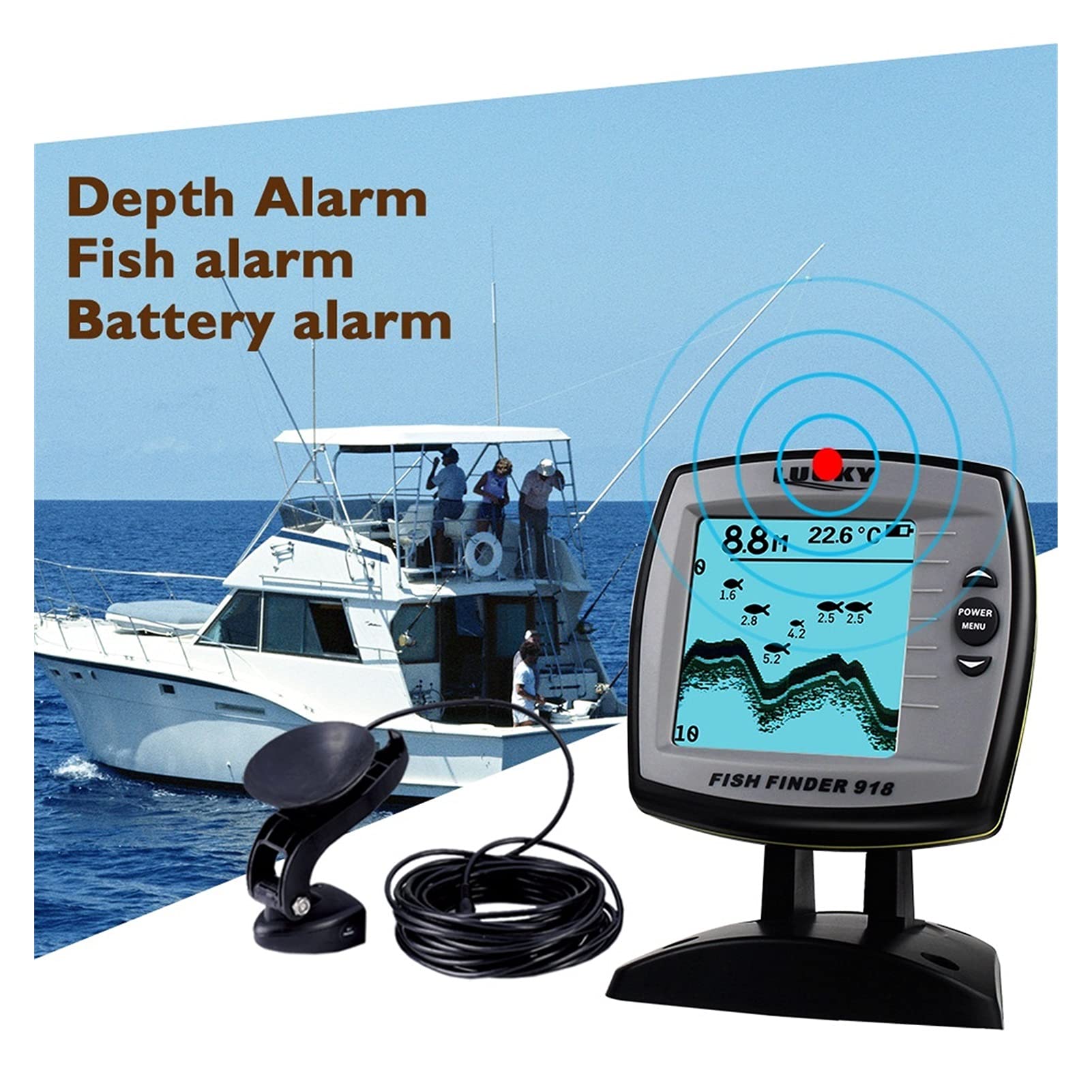 Fiseur de pêche Capteur de transducteur câblé Fishfinder 45 degrés Echo LCD Détecteur de Poisson de pêche de la localisation de Poisson,Rechargeable Longue DuréE