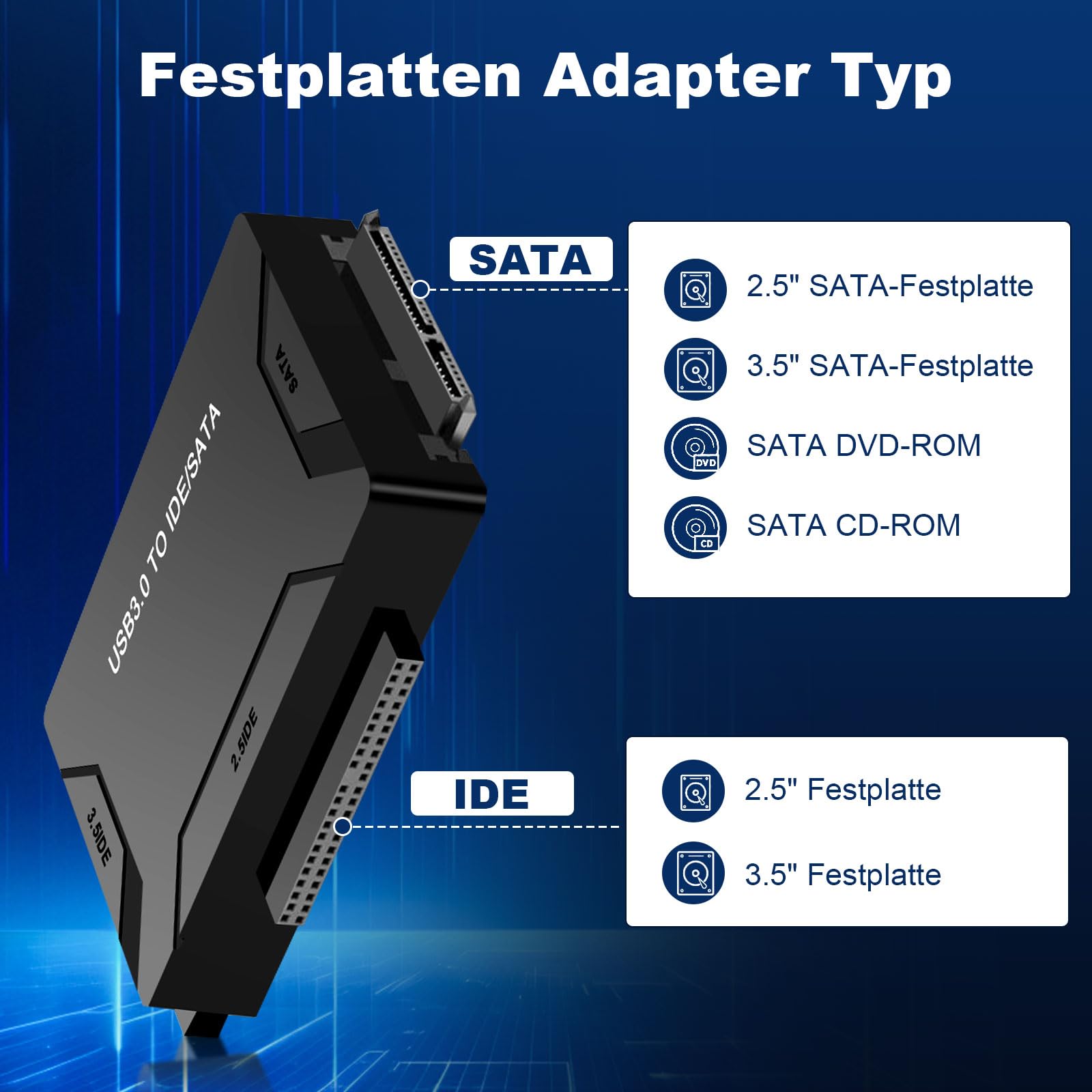 ADATTATORE IDE/SATA a USB 3.0 per HDD 2,5/3,5 pollici su Windows 11/10/8/7/XP/Vista, Mac OS, Linux con cavo SATA e USB, alimentatore 2A
