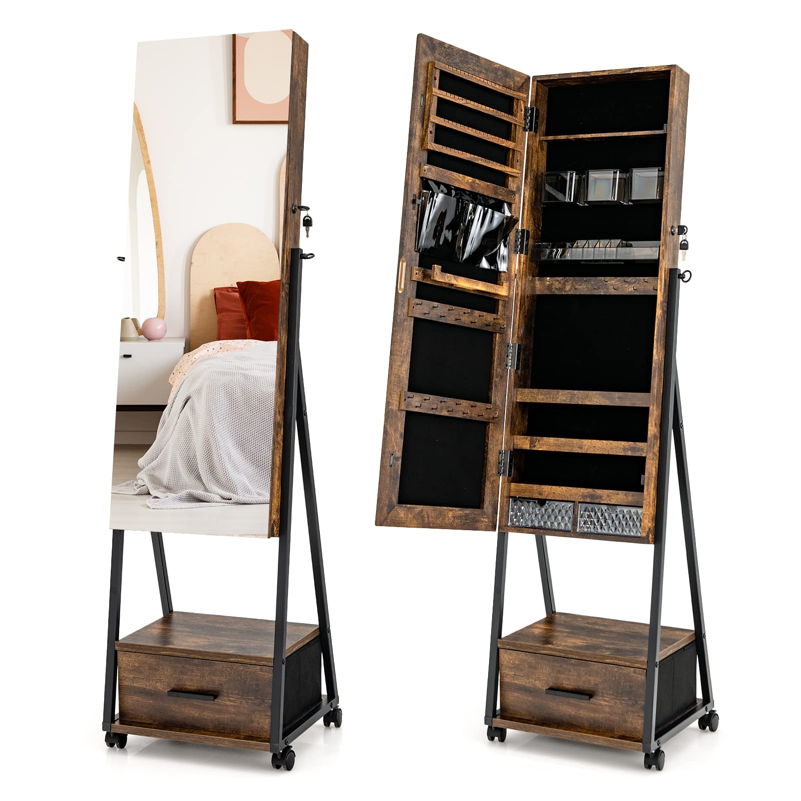 COSTWAY Armoire à Bijoux à Roulettes avec Miroir de Pleine Longueur, Miroir sur Pied avec 9 Compartiments, Porte Verrouillable, Grand Tiroir, Étagère, 42 x 38 x 157 cm (Marron Rustique)