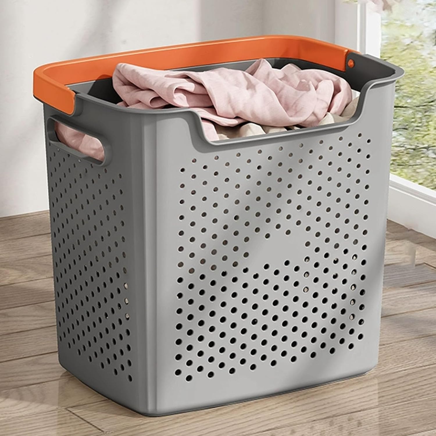 Plastic Laundry Basket, Dirty Clothes Hamper with Handles, Dirty Clothes Laundry Hamper, for Storage Clothes in Bedroom, Bathroom(Gray,32x35x25cm/13x14x10in)