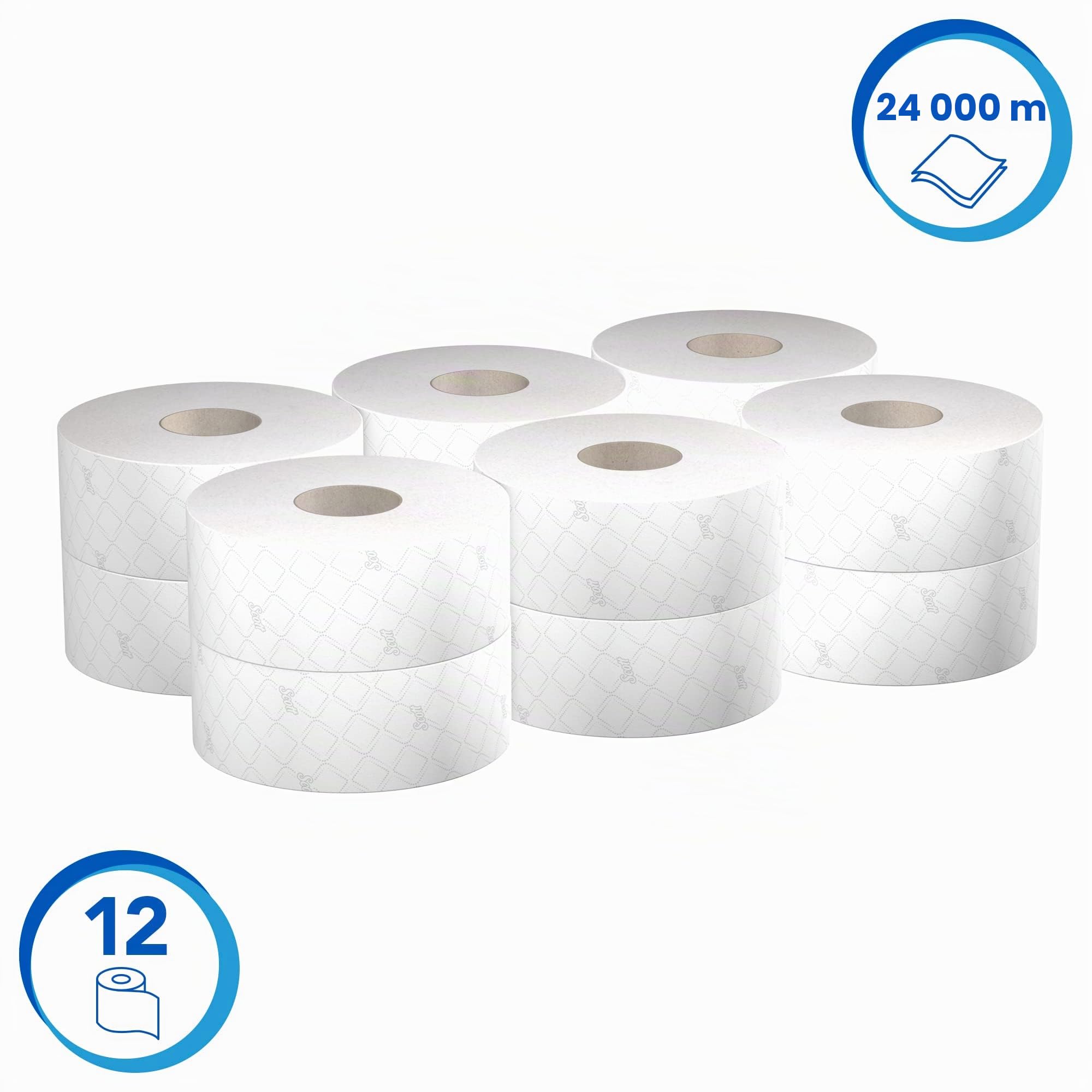 Scott Essential 8614 Rouleau de papier toilette Jumbo - Papier toilette 2 épaisseurs - 12 rouleaux de 500 feuilles blanches de papier toilette (2 400 m)