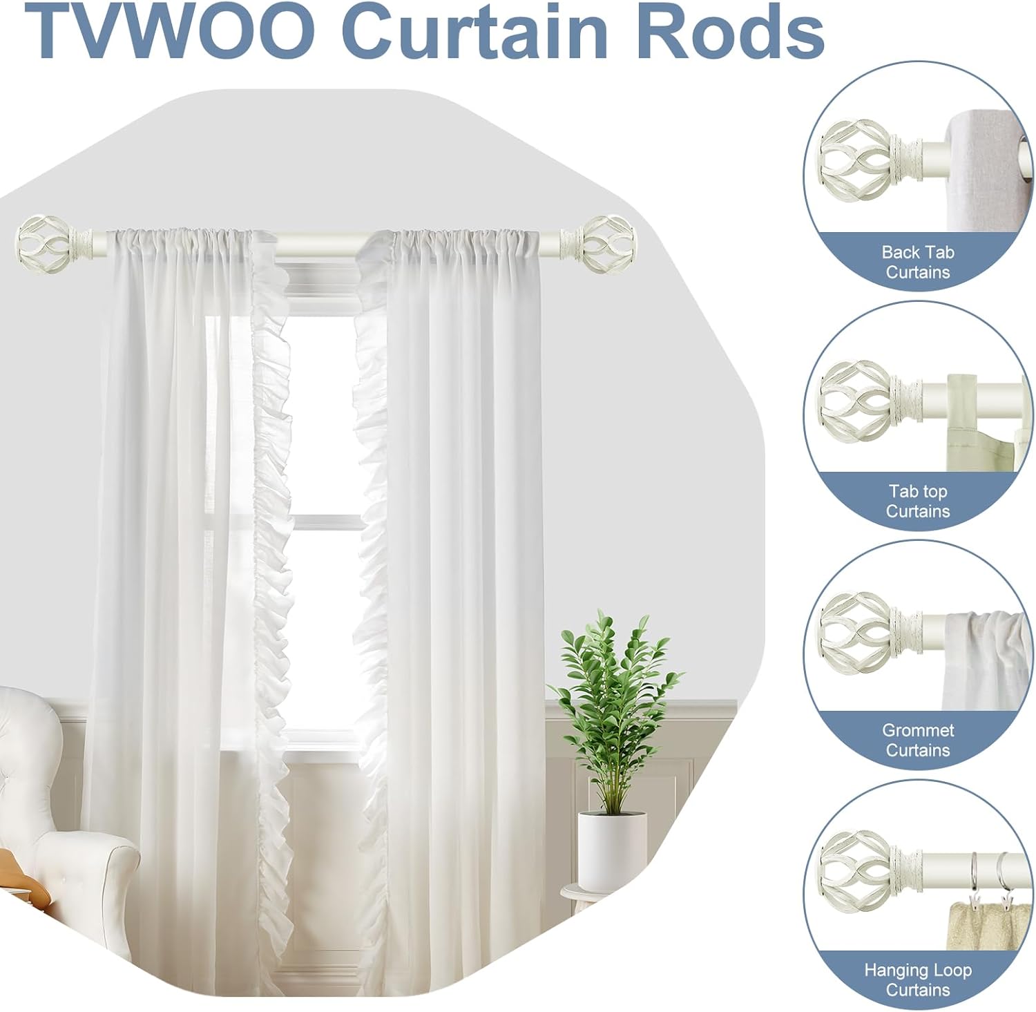 Size 18-69 Color White Decorative Farmhouse Curtain Rod:18-60Adjustable Heavy Duty Single Window Curtain Rod for Bedroom Living Room,Antique White Boho Rustic Drapery Rods with Vintage Twist Finial Easy Install