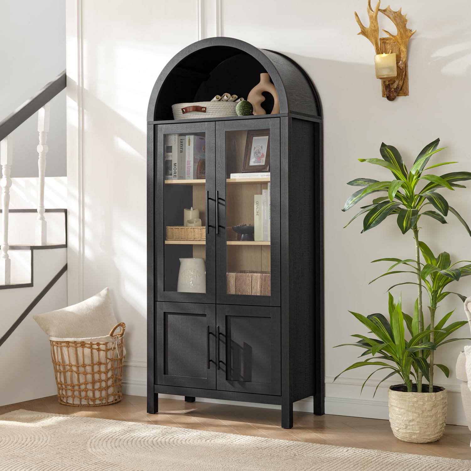 71" Tall Arched Display Cabinet, 5-Tier Bookshelf Modern Farmhouse Arched Bookcase with Glass Doors and Shelves, Wooden Pantry Storage Cabinet for Living Room, Office and Kitchen, Black