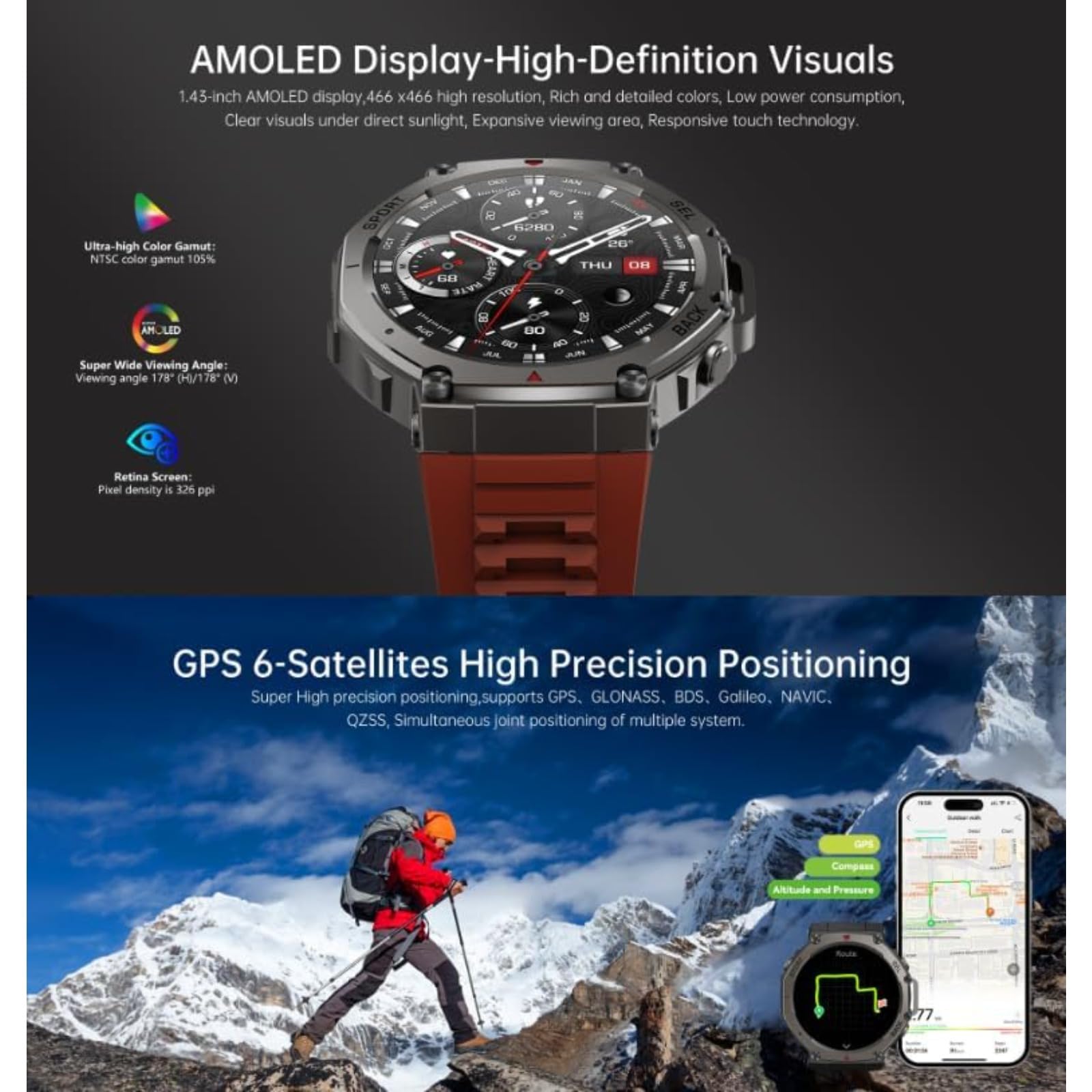 Sekoda GPS Sports Smartwatch,GPS A Doppia Frequenza, Monitoraggio Del Sonno Della Frequenza Cardiaca, Diverse Modalità Di Esercizio, Adatto Per La Corsa E Il Campeggio (Rosso)