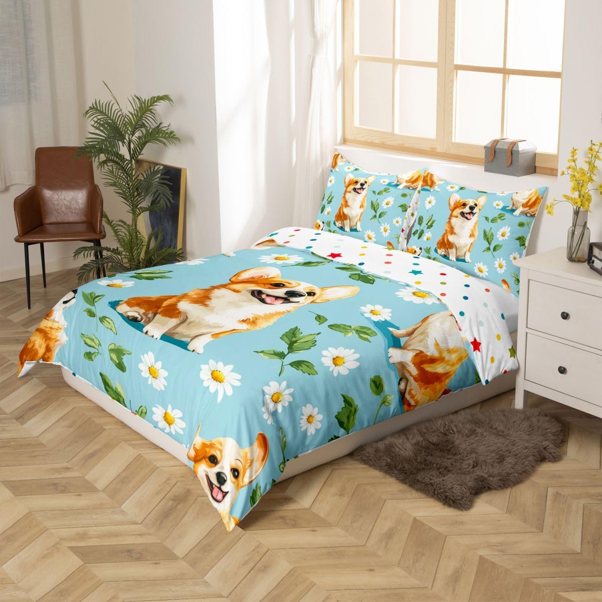 Erosebridal Corgi Duvet Cover Twin Size Daisy Bedding Set for Kids Boys Girls Oil Painting Cute Pet Dogs Pattern Comforter Cover Leaves Flower Kawaii Animals Bedclothes