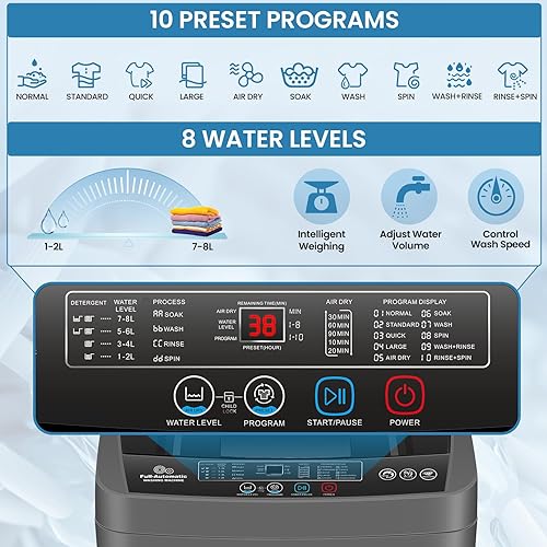 Miniatura 3 de Nictemaw Lavadora portátil de 17.8 libras con bomba de drenaje, lavadora compacta de 2.4 pies cúbicos con 10 programas, 8 niveles de agua, máquina