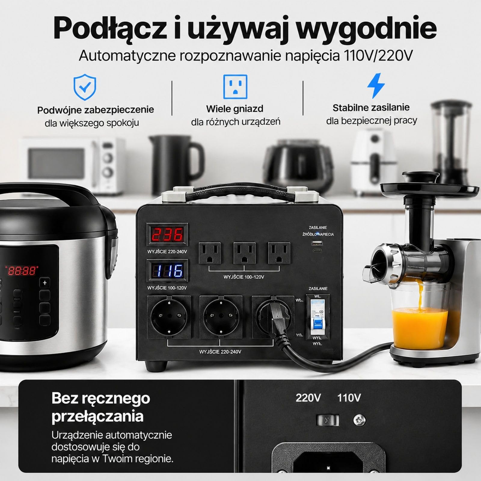 Transformator napięcia 3000VA 110 V na 220 V i 220 V na 110 V, 3 gniazda US, 3 złącza EU, metalowa obudowa z uchwytem