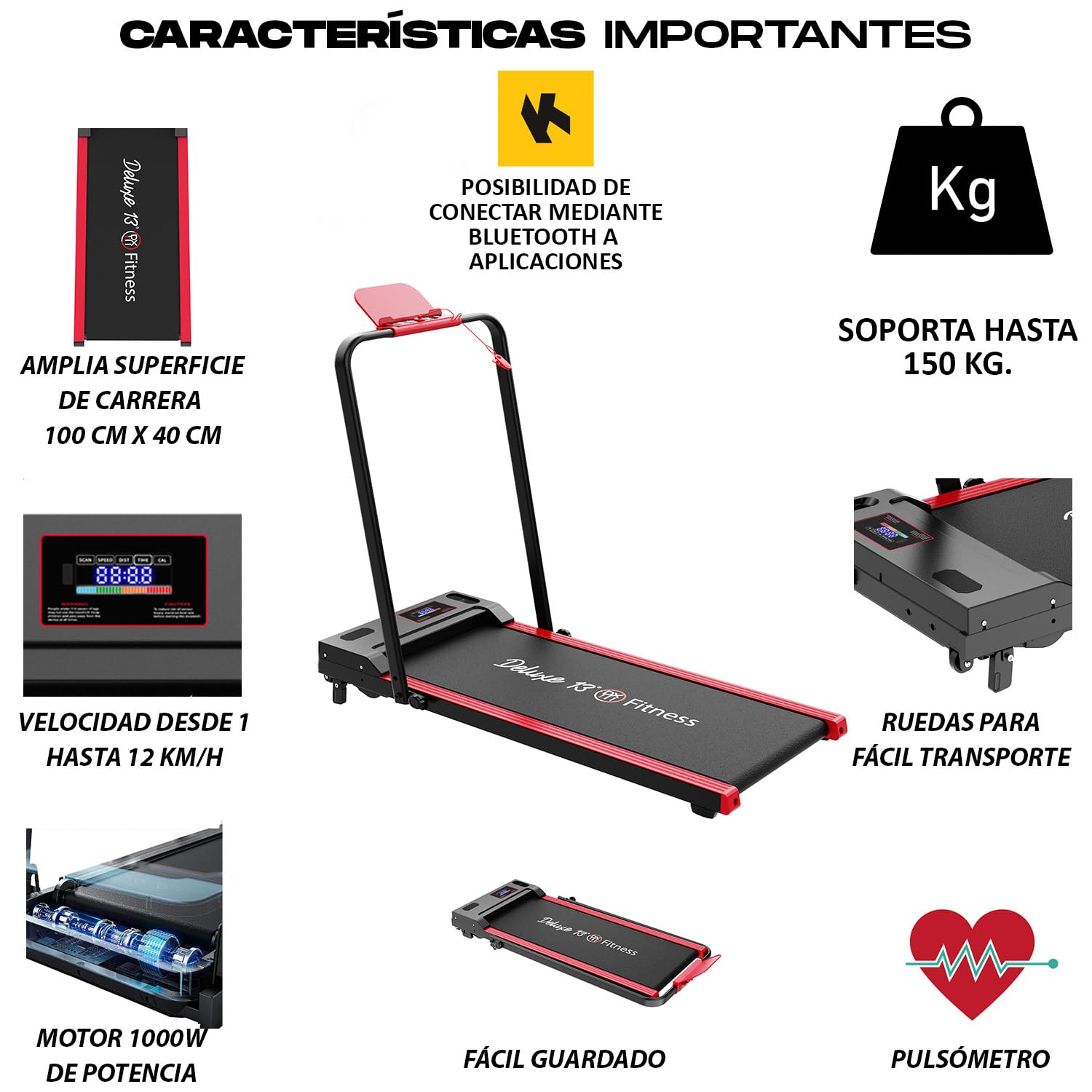 Cinta de Correr caminadora Eléctrica Plegable para Casa, Motor 1000W Silencioso, Velocidad 1-12 km/h, Pantalla LED, Rojo y Negro, con Ruedas, Soporte Tablet
