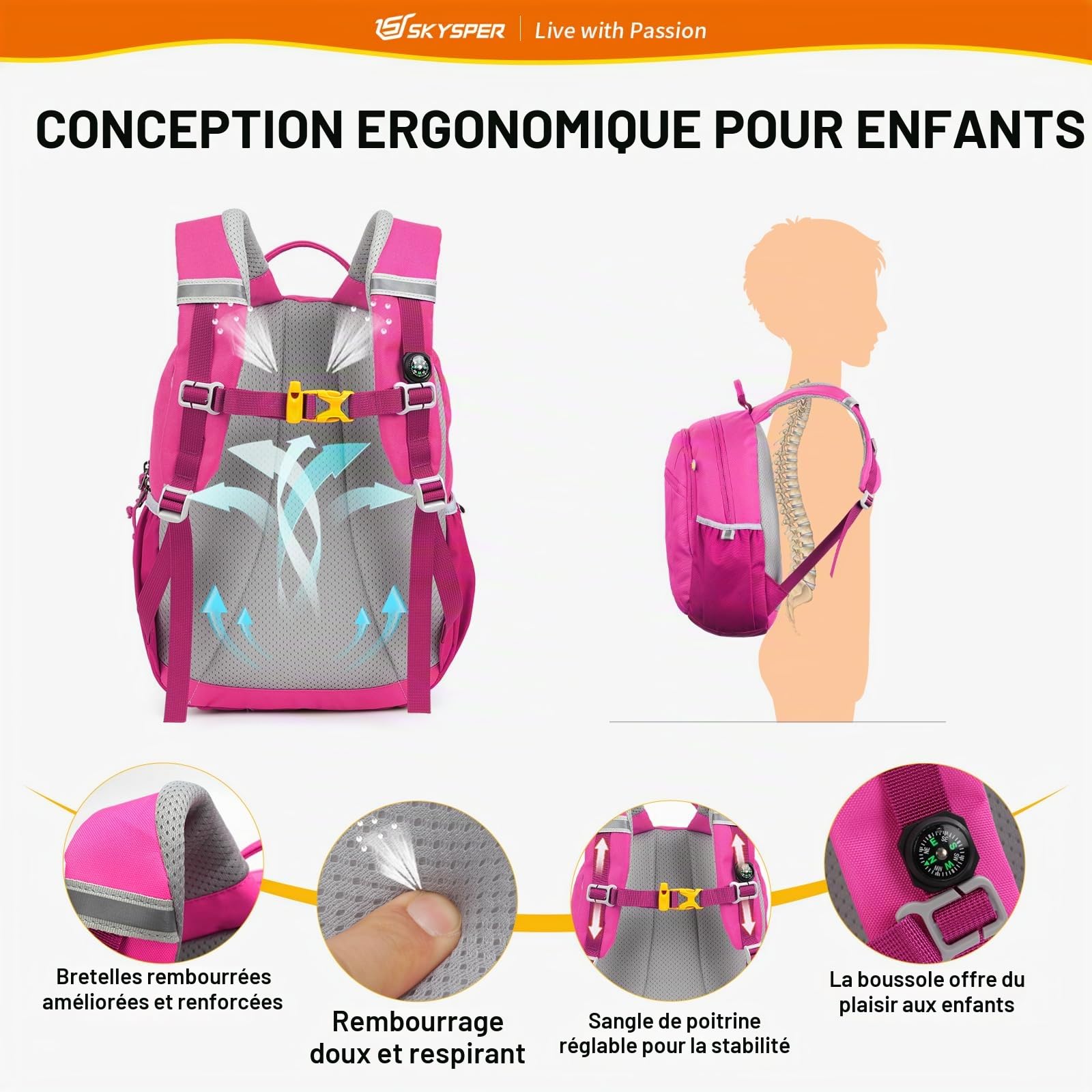 SKYSPER Sac à dos pour enfants 10 L – Sac à dos de randonnée | Sac à dos avec sangle de poitrine confortable sac à dos de voyage avec boussole, randonnée, plein air, voyages