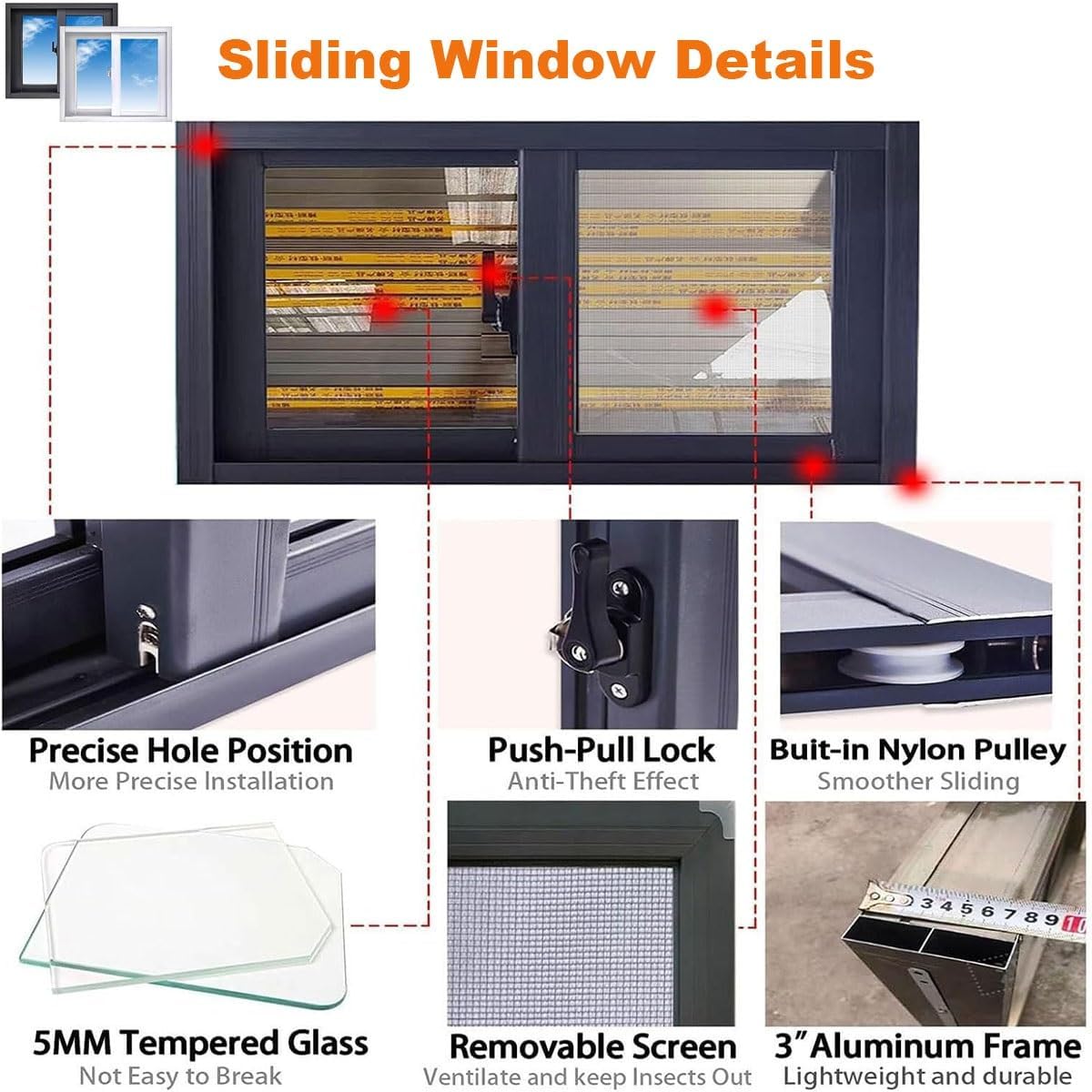 Replacement Basement Window, Mobile Home Aluminum Window with Removable Screen Tempered Glass 20 24 28 31 32 35 40 Inch Horizontal Sliding Window for Bathroom Kitchen Household(Black,32 x 17in)