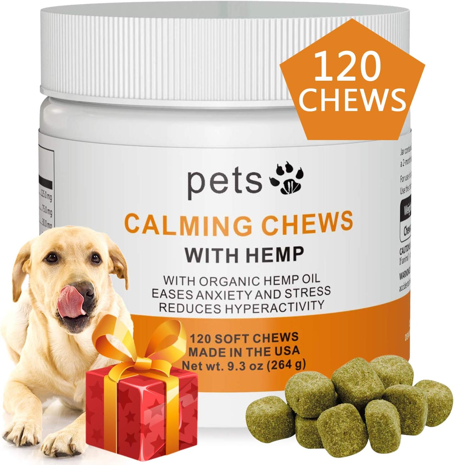 Hemp Calming Treats for Dogs - Made in USA - Dog Anxiety Relief, 120 Soft Chews with Organic Hemp Oil for Separation Stress, Storms,…