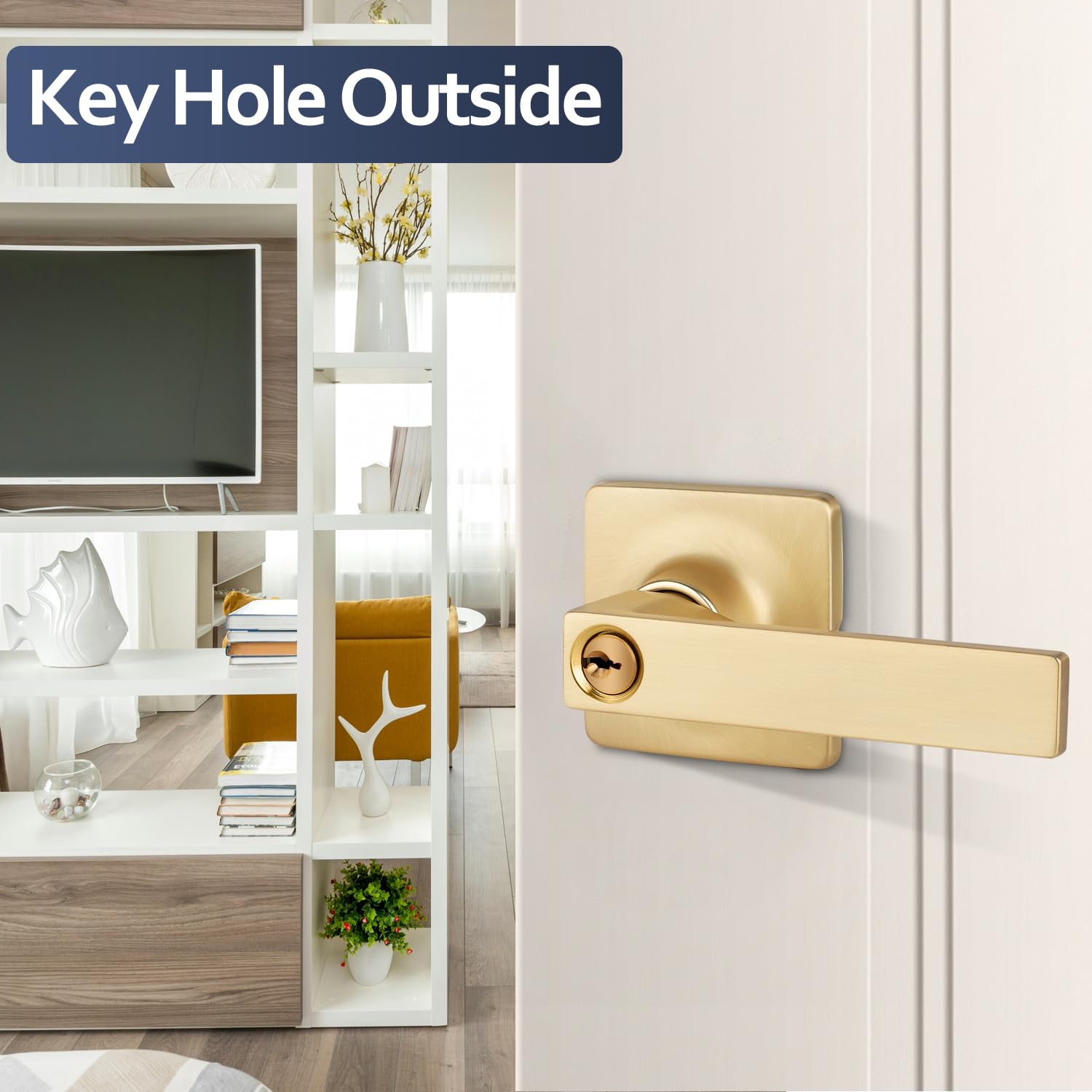 EHOMEWARE Paquete de 4 manijas de puerta de entrada con cerradura y llaves, latón cepillado, pomos dorados con llaves para dormitorio o sala de estar, uso interior o exterior