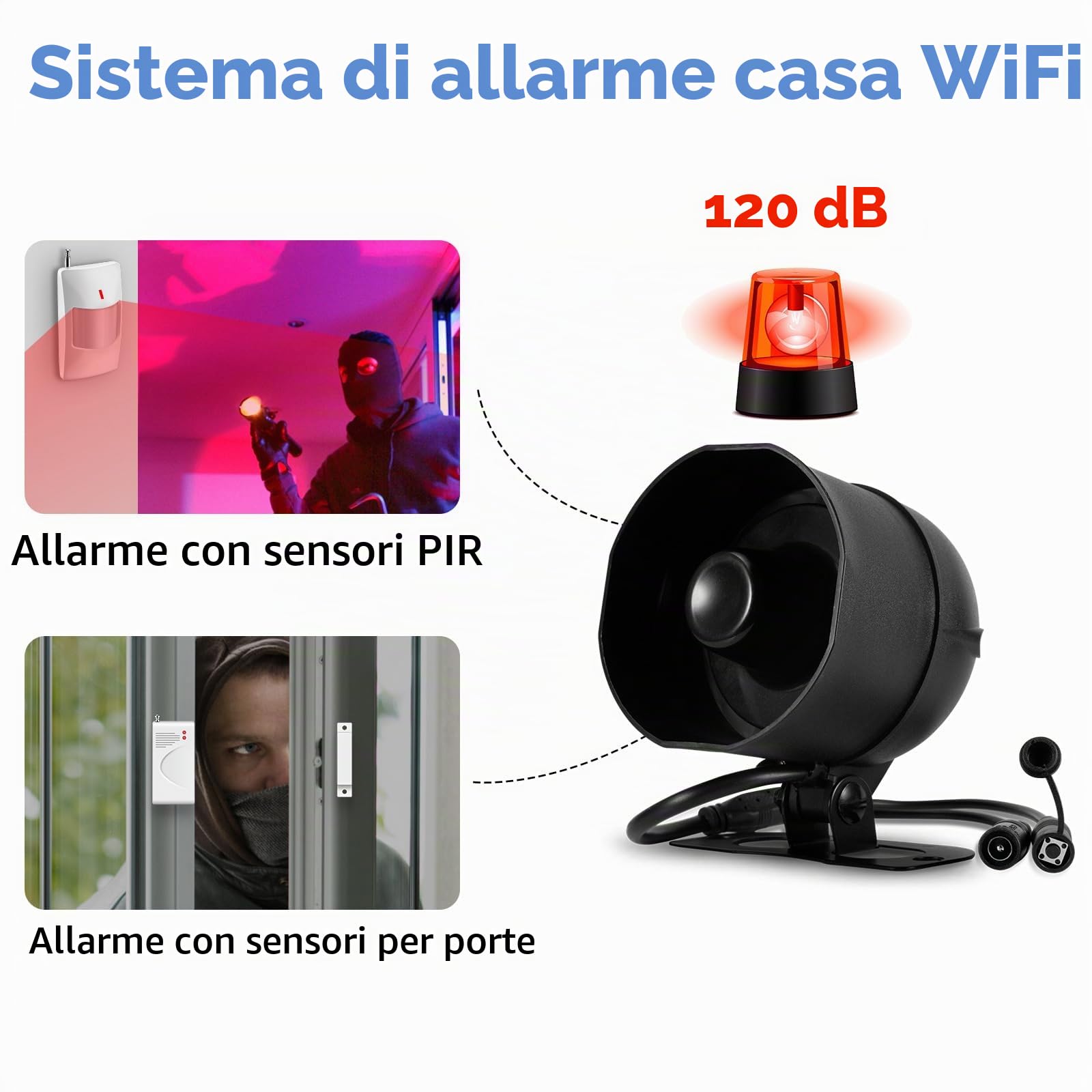 Sistema di allarme antifurto WiFi, sensore per porte e finestre, sistema di sicurezza domestica, antifurto 120 dB, allarme intelligente con sensore magnetico con notifica gratuita APP e telecomando