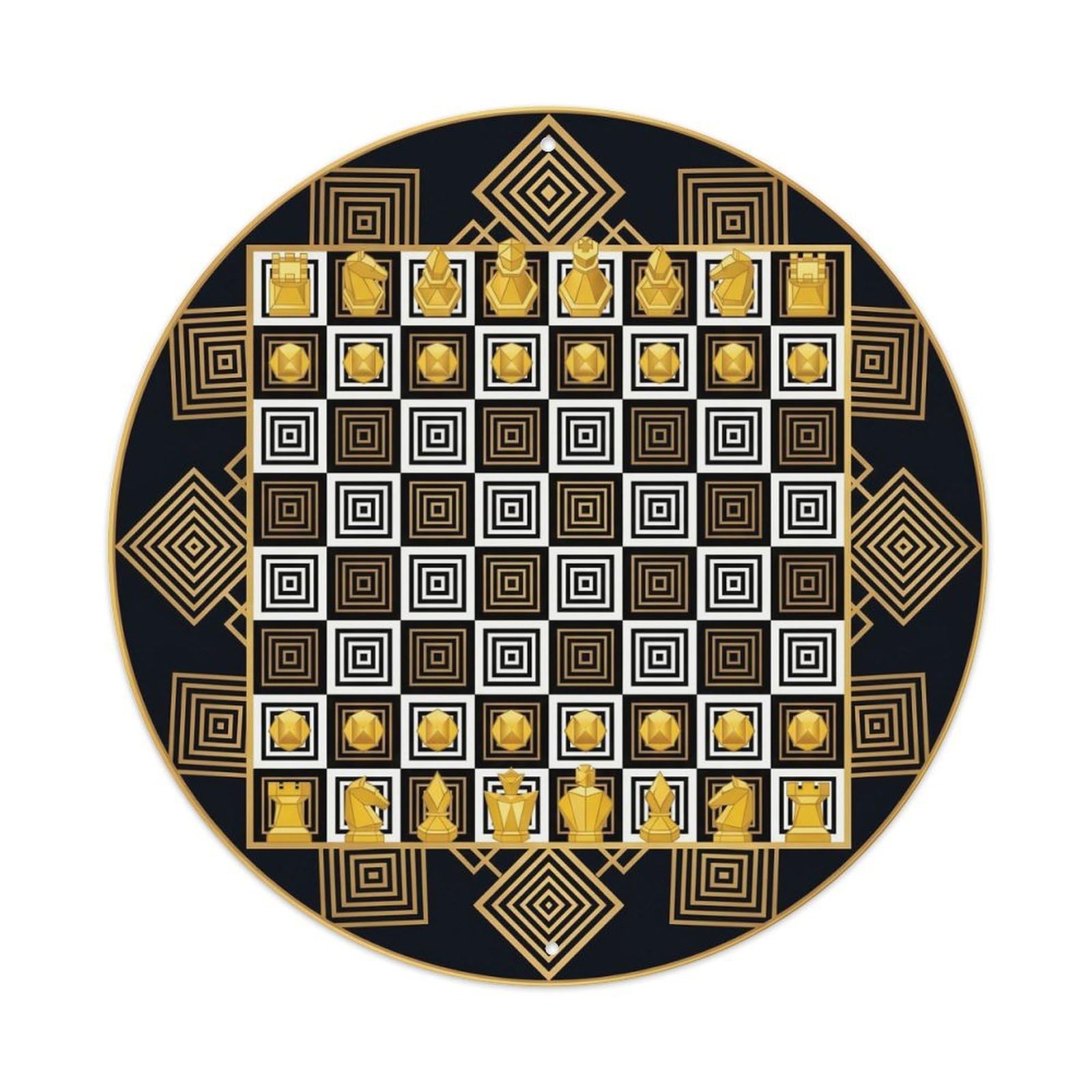 Chess Board Game Deco Style Strategy Pieces Luxury Pattern Metal Tin Sign Plaque Wall Decor for Cafe, Man Cave, Club Bar, Office, Home Garden Round Metal Poster 8x8Inch