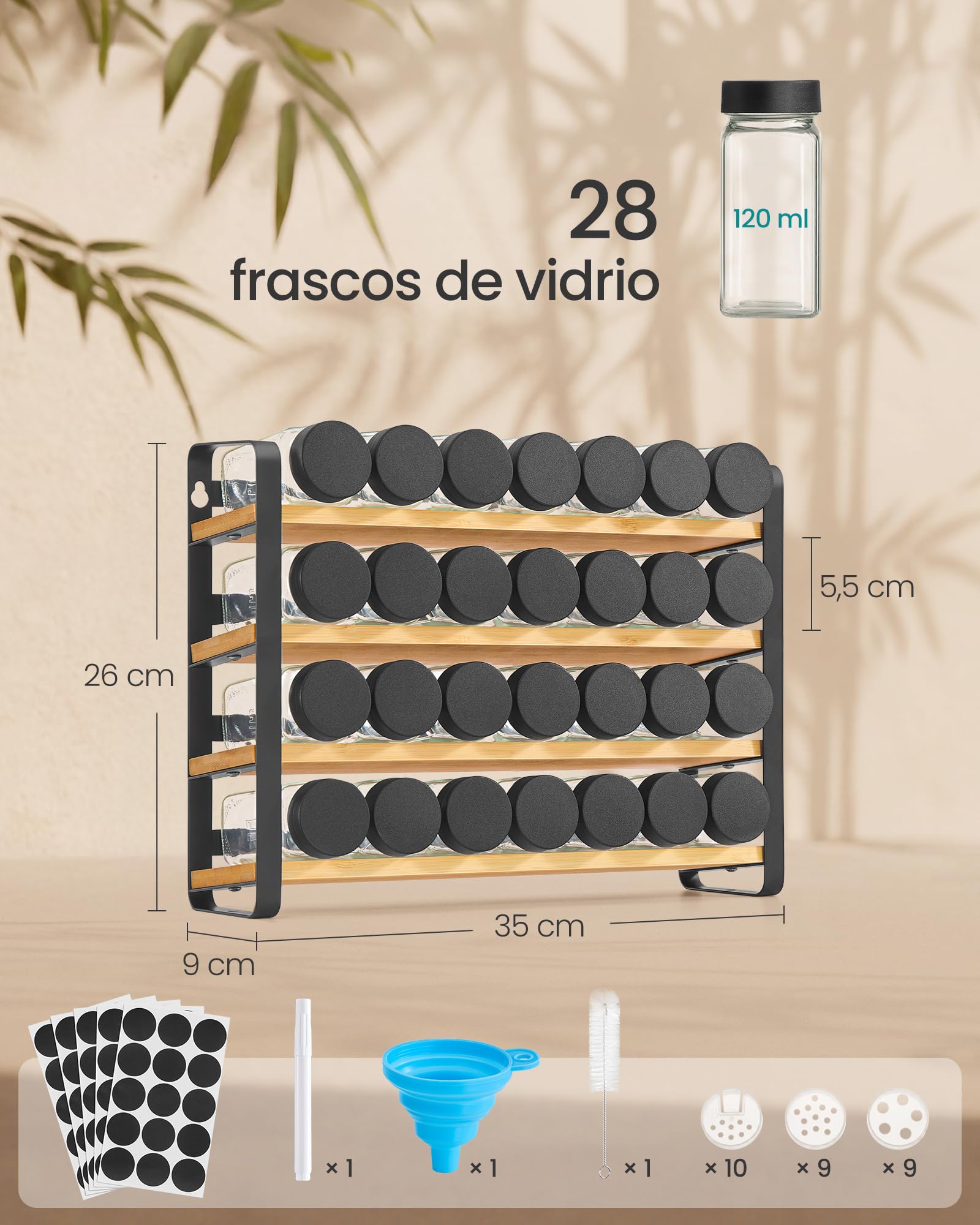 SONGMICS Especiero, Organizador de Especias de Bambú y Acero, Estante con 28 Botes de Cristal, 35 x 9 x 26 cm, Negro y Natural, para Pared y Encimera de Cocina Colección Bystro KCS064B101