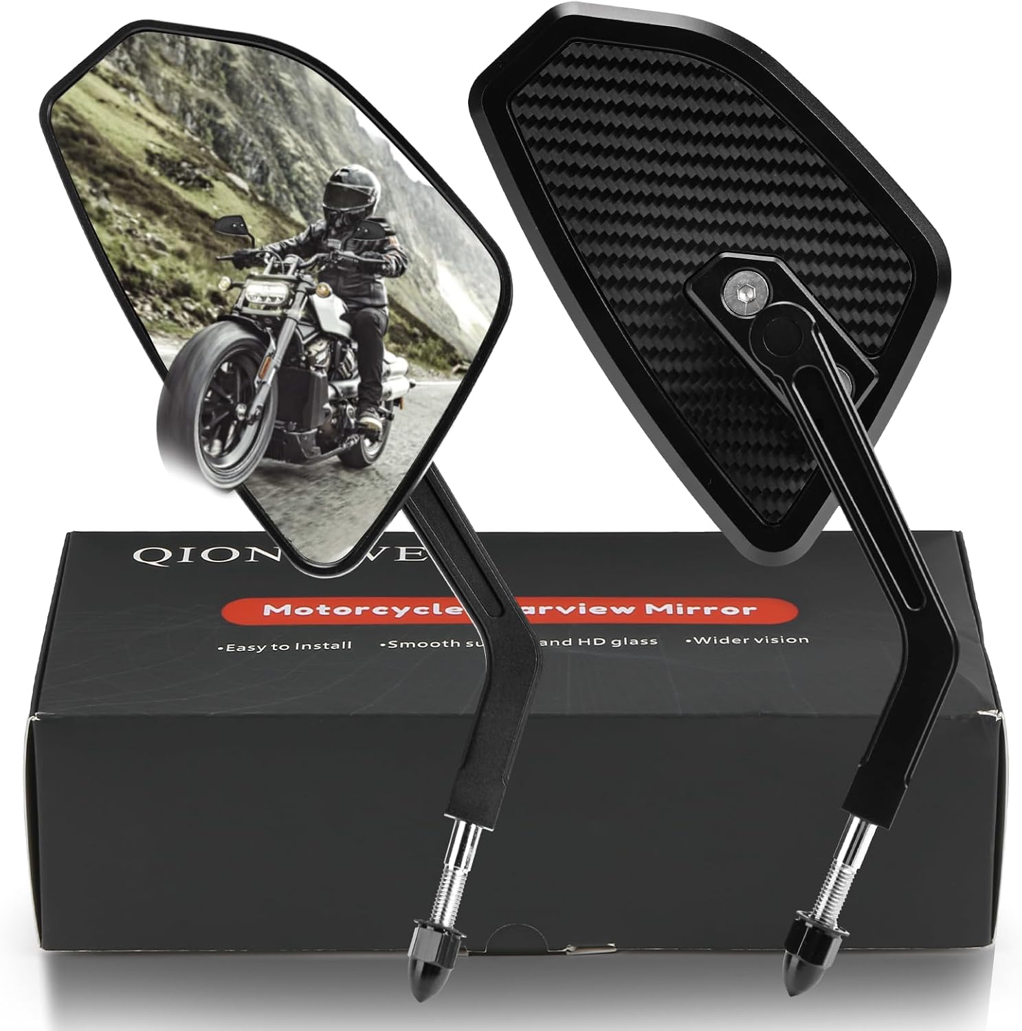 Black CNC Carbon Fiber Rearview Mirrors for Touring Road glide, Electra glide, Street glide, Road king, Softail, Dyna, Street Bob, Low Rider S, Fat Boy, Bad Boy, Sportster XL883 Models