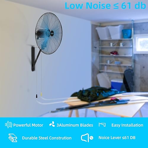 Miniatura 5 de pasapair Ventilador de pared oscilante industrial de 24 pulgadas, montaje en pared, oscilación de 90 para garaje y patios, 3 velocidades, aprobado