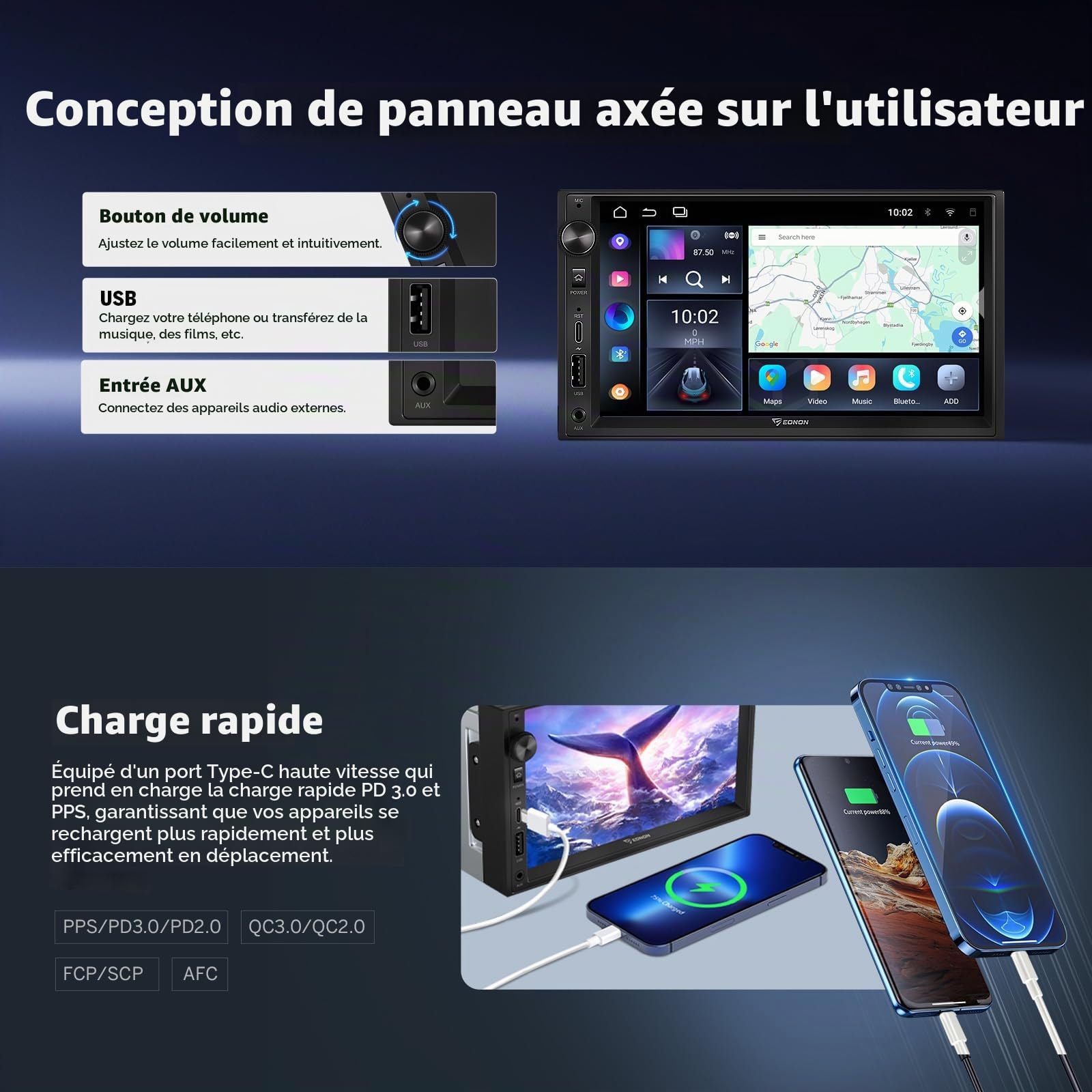 Eonon Android 14 Double Din 7 Pouces Autoradio, 4+64Go, GPS, Navigation par Satellite, CarPlay, Android Auto, Mise en Miroir de l'écran, Bluetooth, écran Tactile, WiFi, DSP, AM/FM, RDS, USB UX7A
