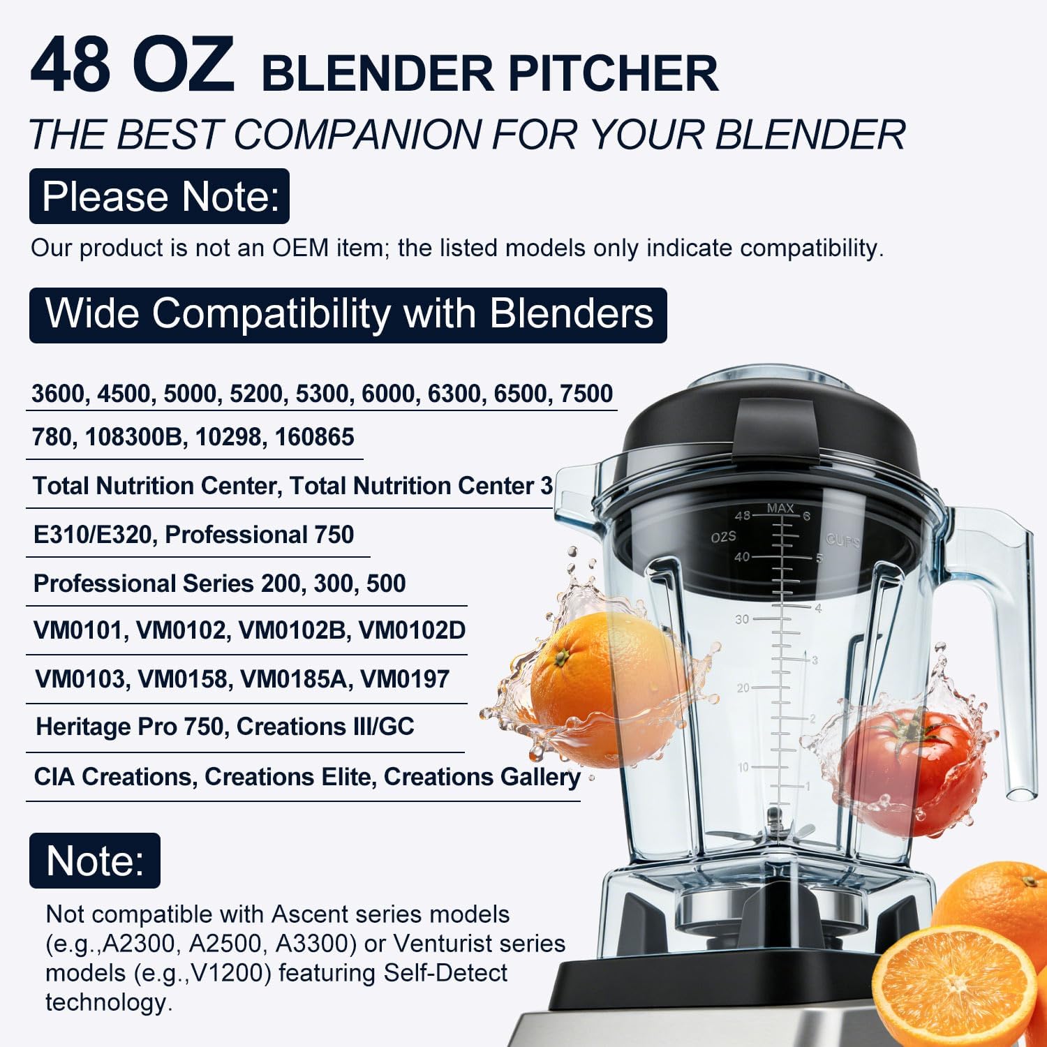Blender Pitcher 48oz, Compatible with Vitamix 750 5300 5200 5000 7500 6300 Vm0102 Vm0103 Vm0197 E310 A-Series (A2500, A3500), Venturist Laser-Cut Stainless Steel Blades