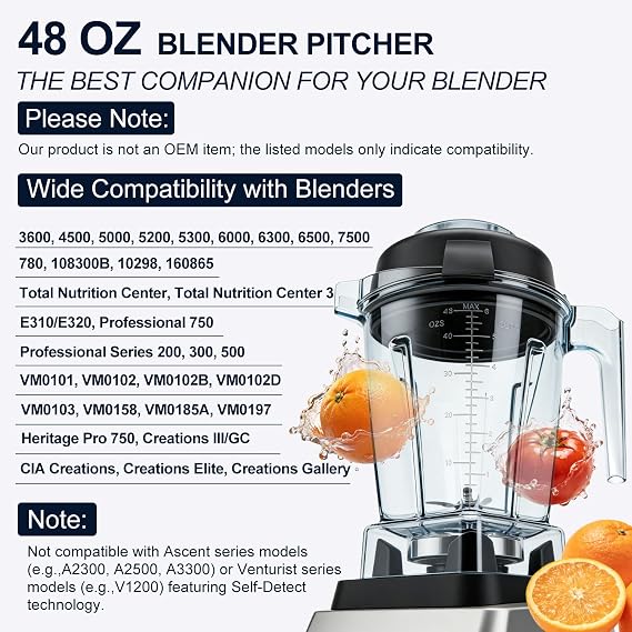 48oz Blender Pitcher Compatible with Vitamix 5200 5300 750 7500 5000 6300 E310 E320 Replacement Container with Stainless Steel Blades, Fits Classic & Explorian Series