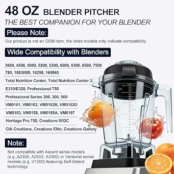 48oz Blender Pitcher Compatible with Vitamix 5200 5300 750 7500 5000 6300 E310 E320 Replacement Container with Stainless Steel Blades, Fits Classic & Explorian Series