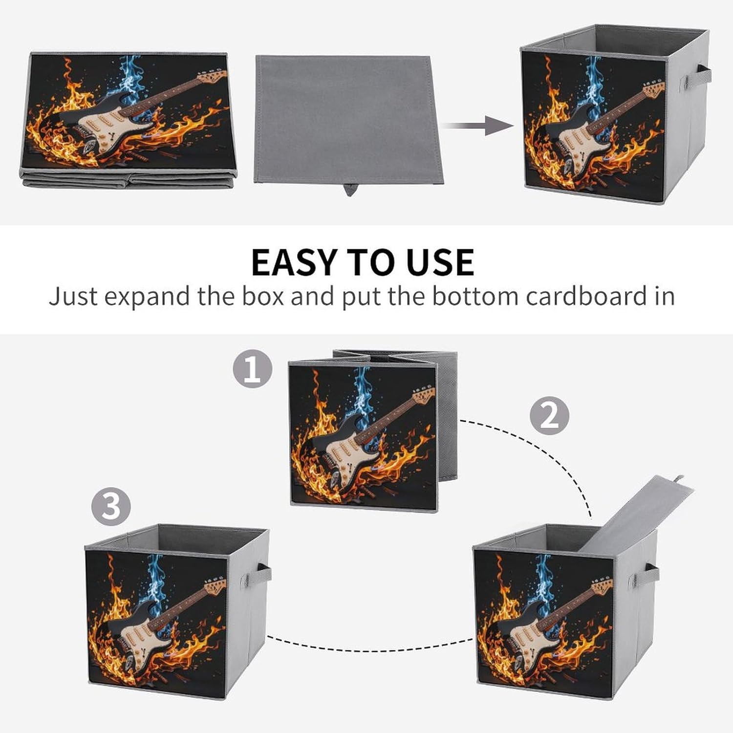 Electric Guitar Music Foldable Storage Box with Handles, Durable Oxford Storage Cubes, 6PCS Collapsible Closet Organizer for Home, Shelf, Office, Travel