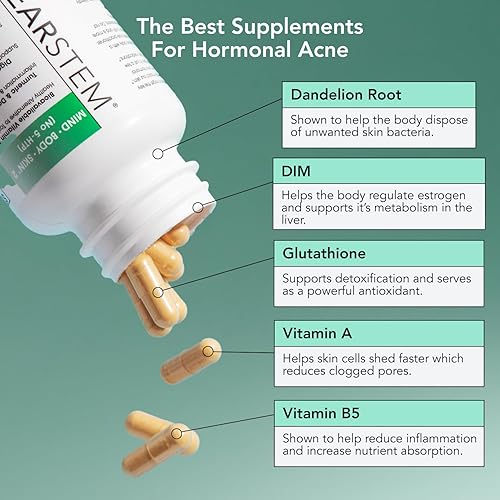 Miniatura 4 de CLEARstem - MINDBODYSKIN Suplemento hormonal para el acné (sin 5-HTP) - Suplemento DIM natural - Vitaminas para el cuidado de la piel - Equilibrio
