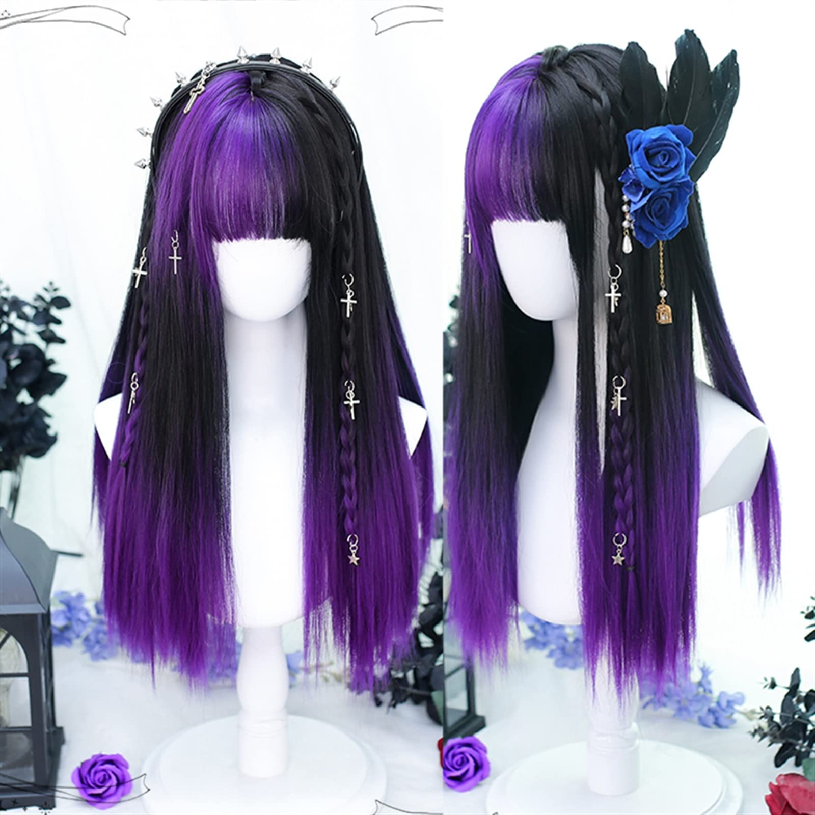 Peruki z koronką falową Długa fioletowa czarna peruka z prostymi włosami jedwabiście prosta syntetyczna żaroodporna grzywka peruka kostium na Halloween Cosplay peruki do włosów dla kobiet Peruki z nat