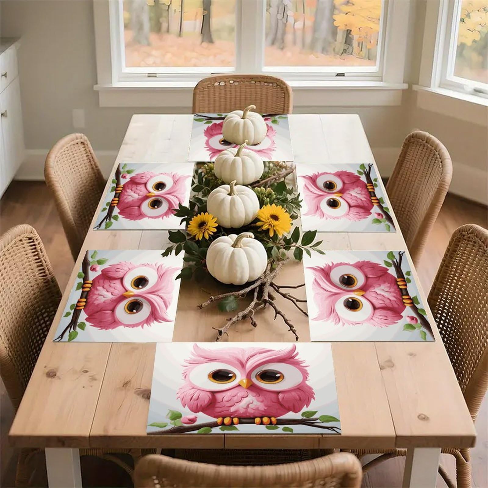 A Pink Owl Placemats Heat-Resistant Washable Place Mats Anti Slip Dining Table Place Mats Wipeable Dining Table Mats Kitchen Decoration Placemats 17.7’’×11.8’’