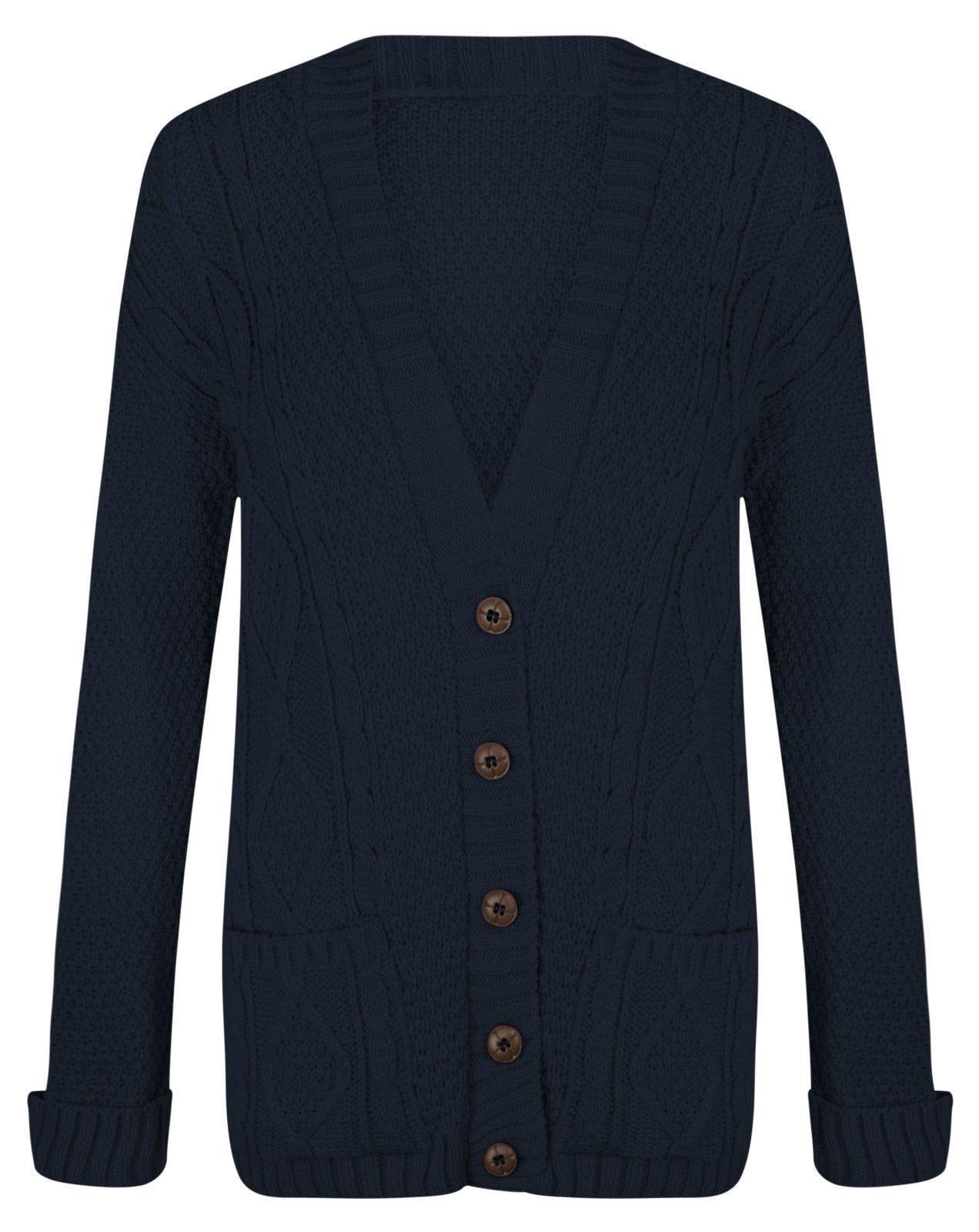 Top Fashion18 Womens Cable Knitted Button Cardigan Long Sleeve Ladies Boyfriend Top Sizes 8-22 Navy
