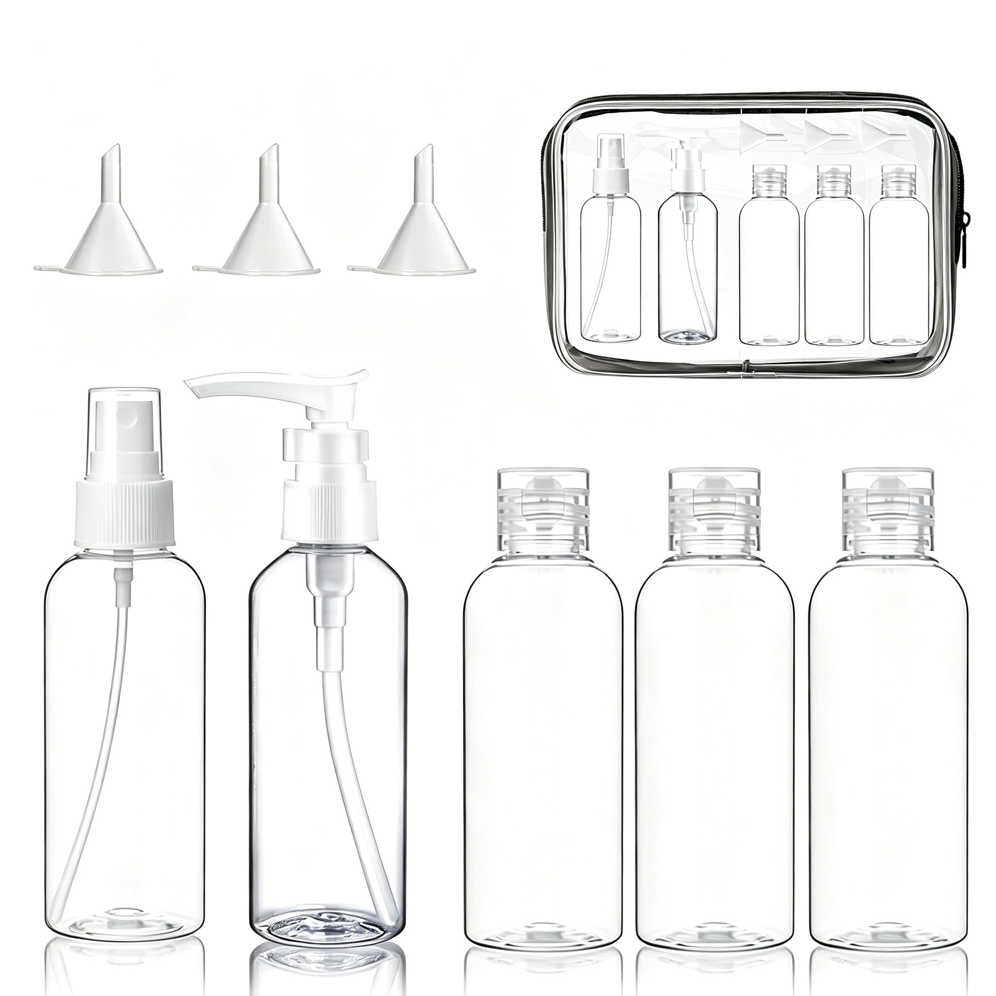5 Piezas Juego de Neceser de Viaje Transparente, botes viaje rellenables 100ml con bolsa de aseo para líquidos, antifugas, color negro con 3 embudos