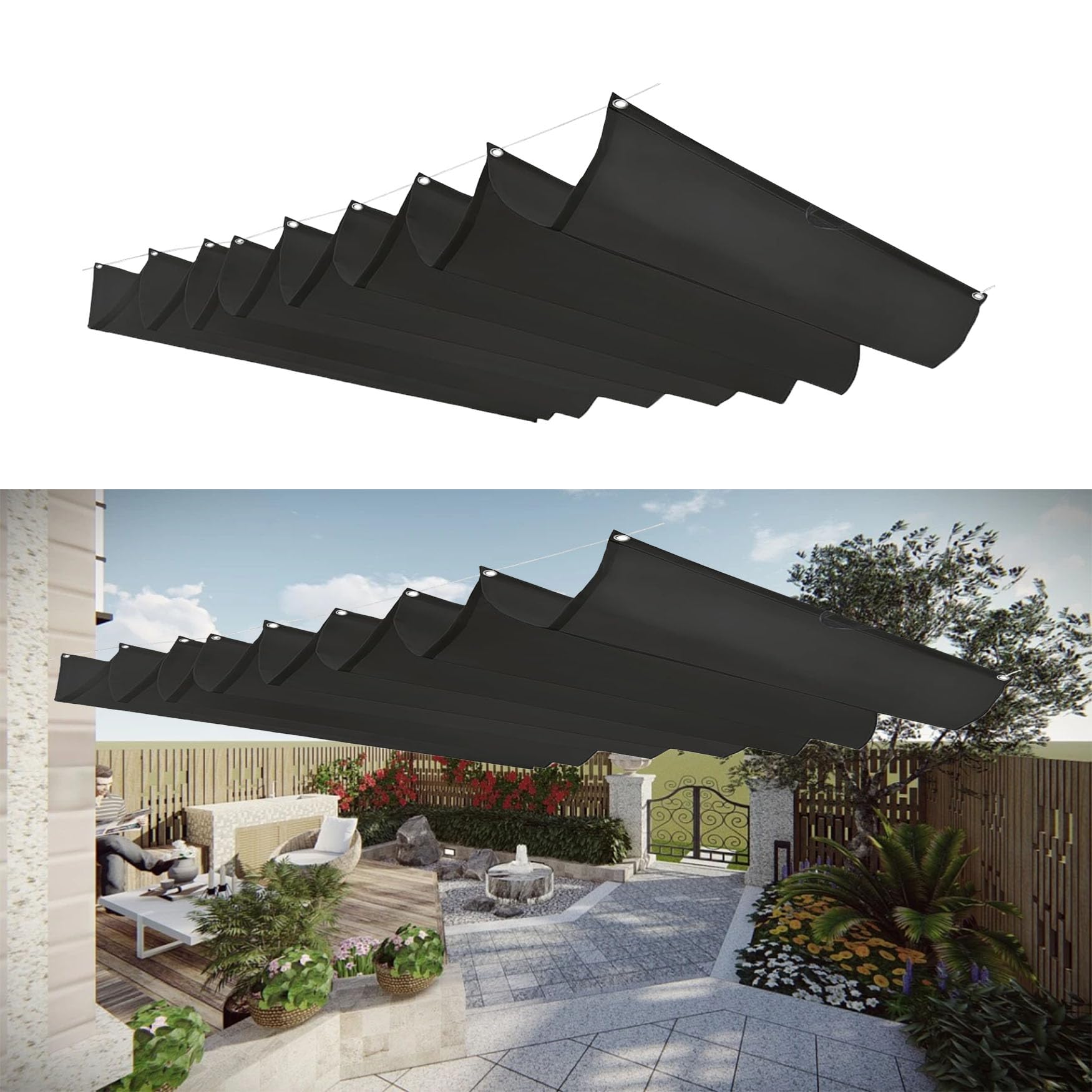 Voile d'ombrage vague imperméable et rétractable noir anti-UV pour pergola