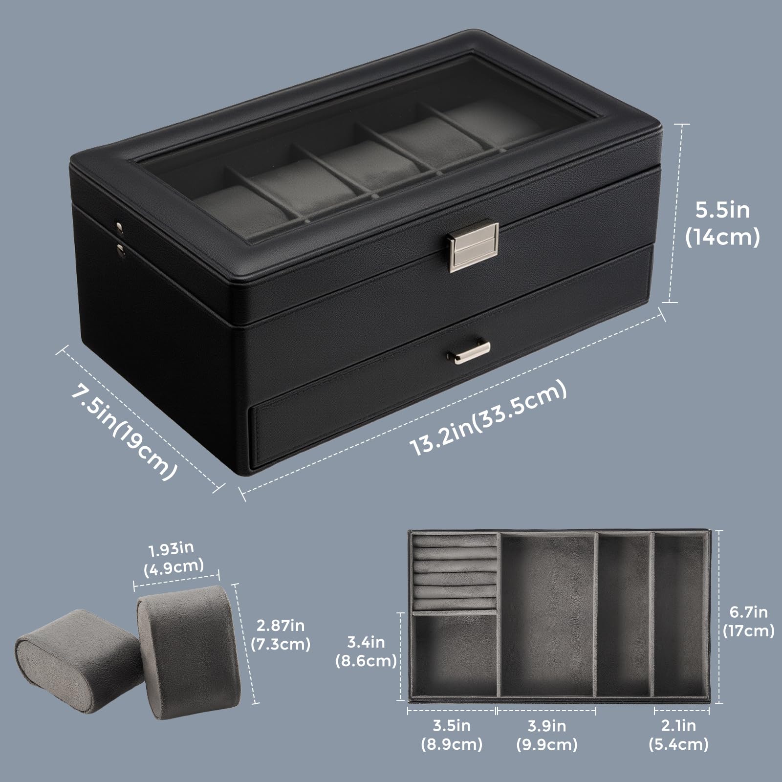 ProCase Boîte Montre avec 12 Emplacements 1 Tiroir, Coffret Montre à 2 Niveaux, Range Montre en PU Cuir -Noir