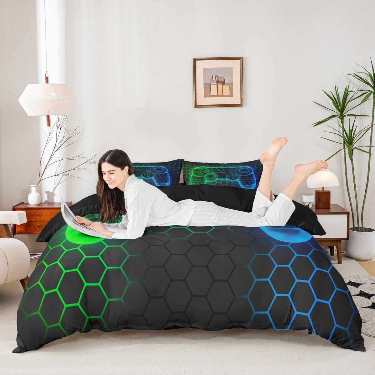 Loussiesd Kids Gamer Honeycomb Duvet Cover Set Single Size For Boys Girls Teens Gaming Geometric Bedding Set Blue Green Neon Gamepad Comforter Cover with 1 Pillowcase Game Room Decor Beds Set - Image 2
