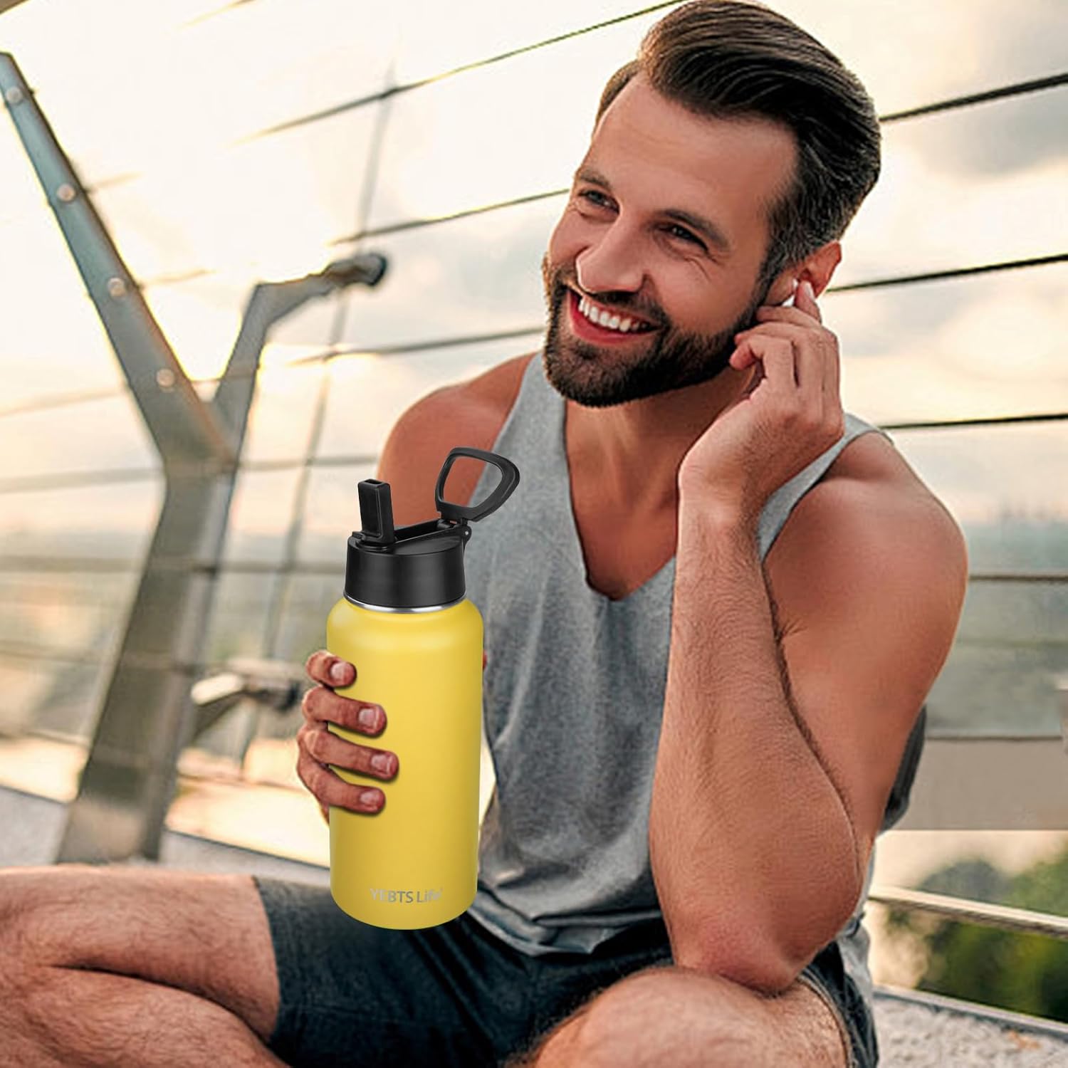 Insulated Water Bottle With Straw,32 oz Vacuum Insulated Stainless Steel Sports Water Flask,Keeps Cold and Hot,Metal Water Bottle Wide Mouth for Gym Travel Camping (Yellow) - Image 7